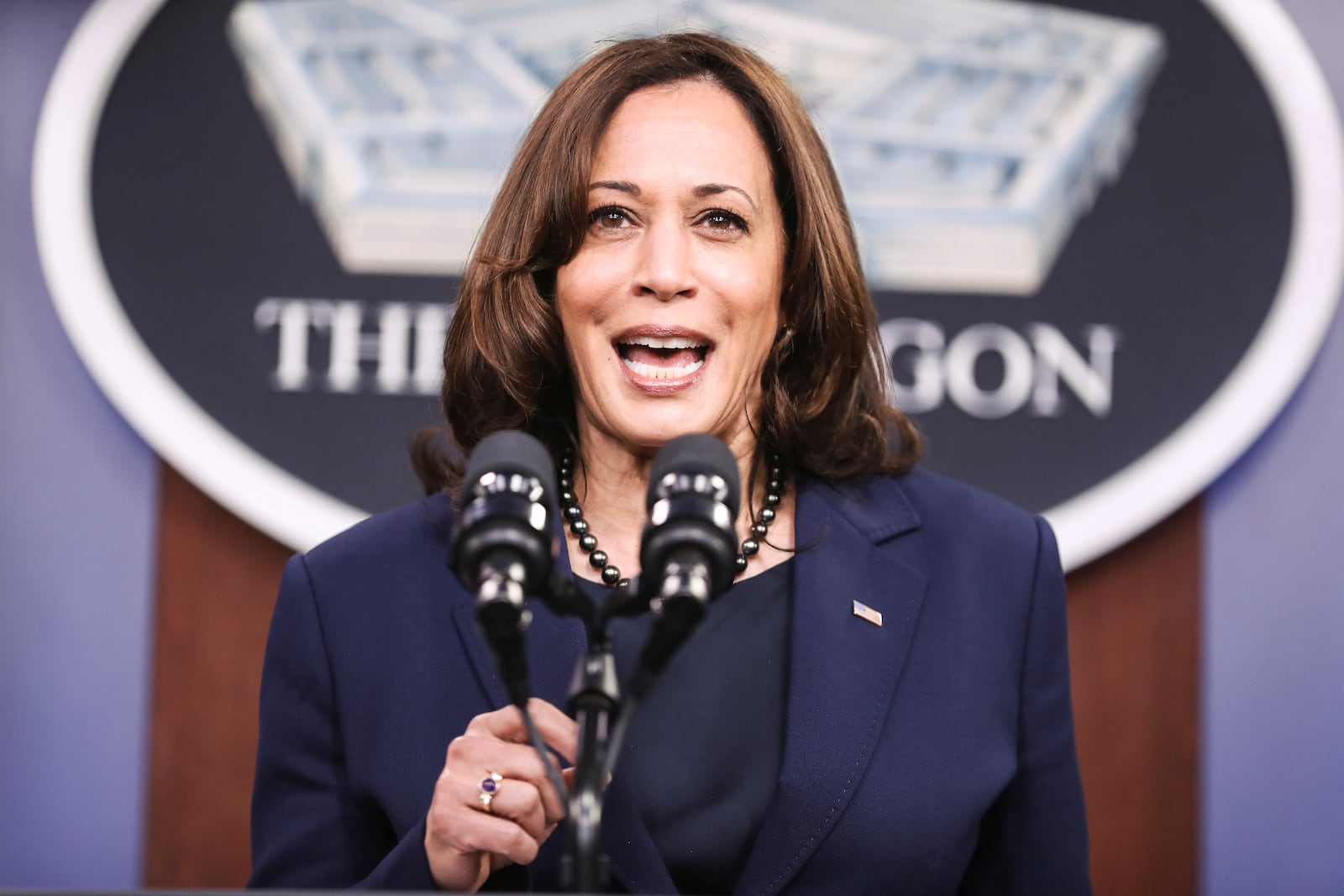 Vice President Kamala Harris speaks at the Pentagon in Arlington, Va., on Wednesday, Feb. 10, 2021. President Joe Biden also attended the event on Wednesday and paid tribute to Black Americans serving in the military during his first visit to the Pentagon since taking office, vowing to embrace diversity as a strength at a time of racial reckoning inside the Defense Department. (Oliver Contreras/The New York Times)