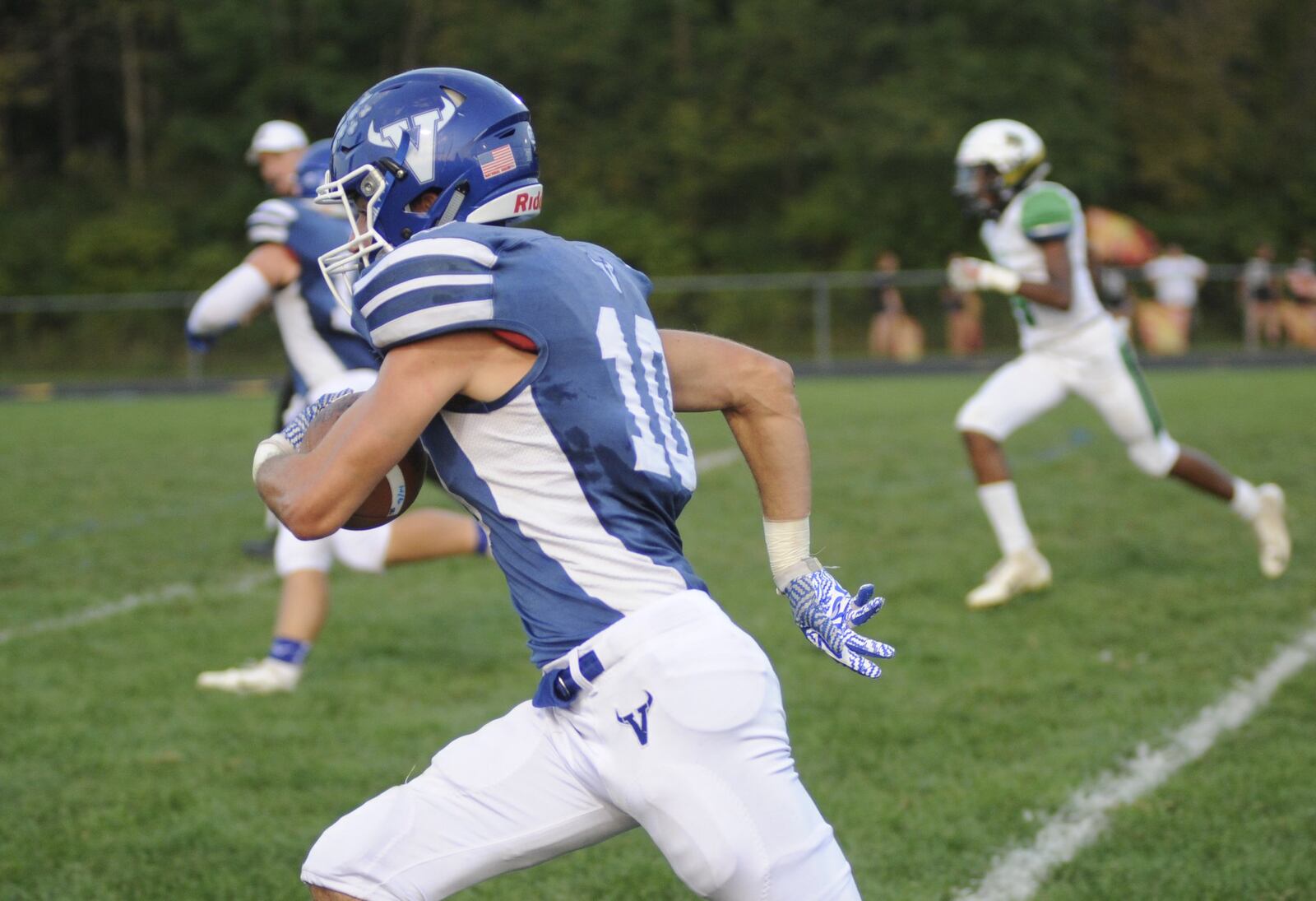 Miami East senior Justin Brown returned a fumble 30 yards for a first-quarter touchdown. Miami East defeated visiting Bethel 52-28 in a Week 5 high school football game on Thursday, Sept. 20, 2018. MARC PENDLETON / STAFF