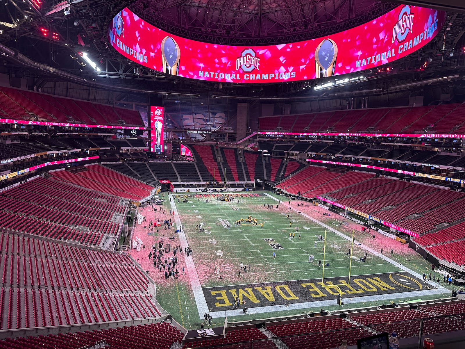 Confetti on field at Mercedes-Benz Stadium after Ohio State National Championship in Atlanta Jan. 20, 2025.