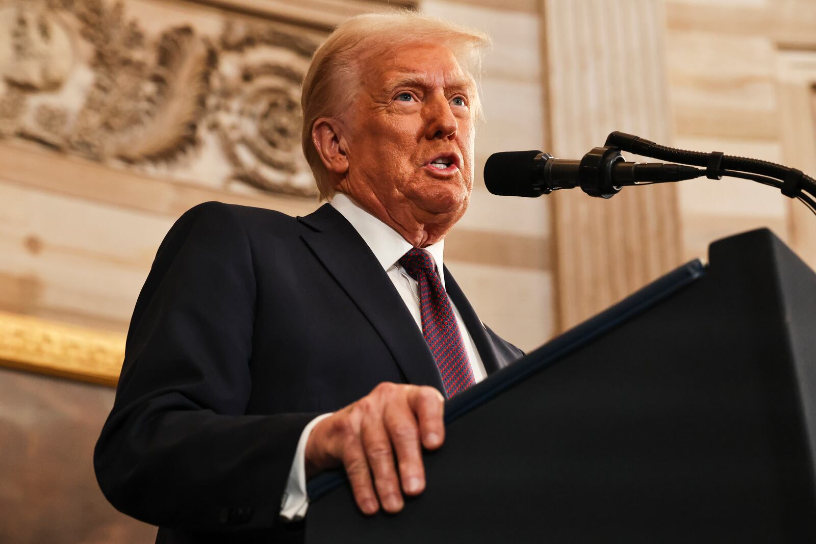 President Donald Trump speaks during the 60th Presidential Inauguration in the Rotunda of the U.S. Capitol in Washington, Monday, Jan. 20, 2025. (Chip Somodevilla/Pool Photo via AP)