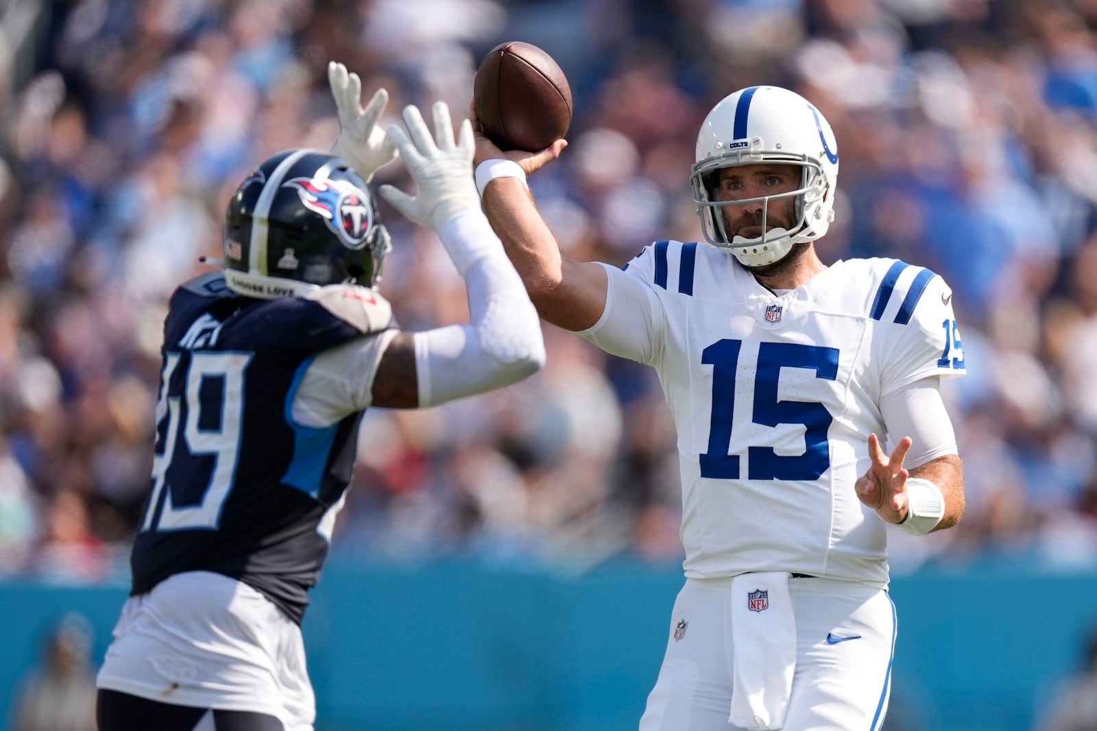 Indianapolis Colts quarterback Joe Flacco (15) throws during the second half of an NFL football game against the Tennessee Titans, Sunday, Oct. 13, 2024, in Nashville, Tenn. (AP Photo/George Walker IV)