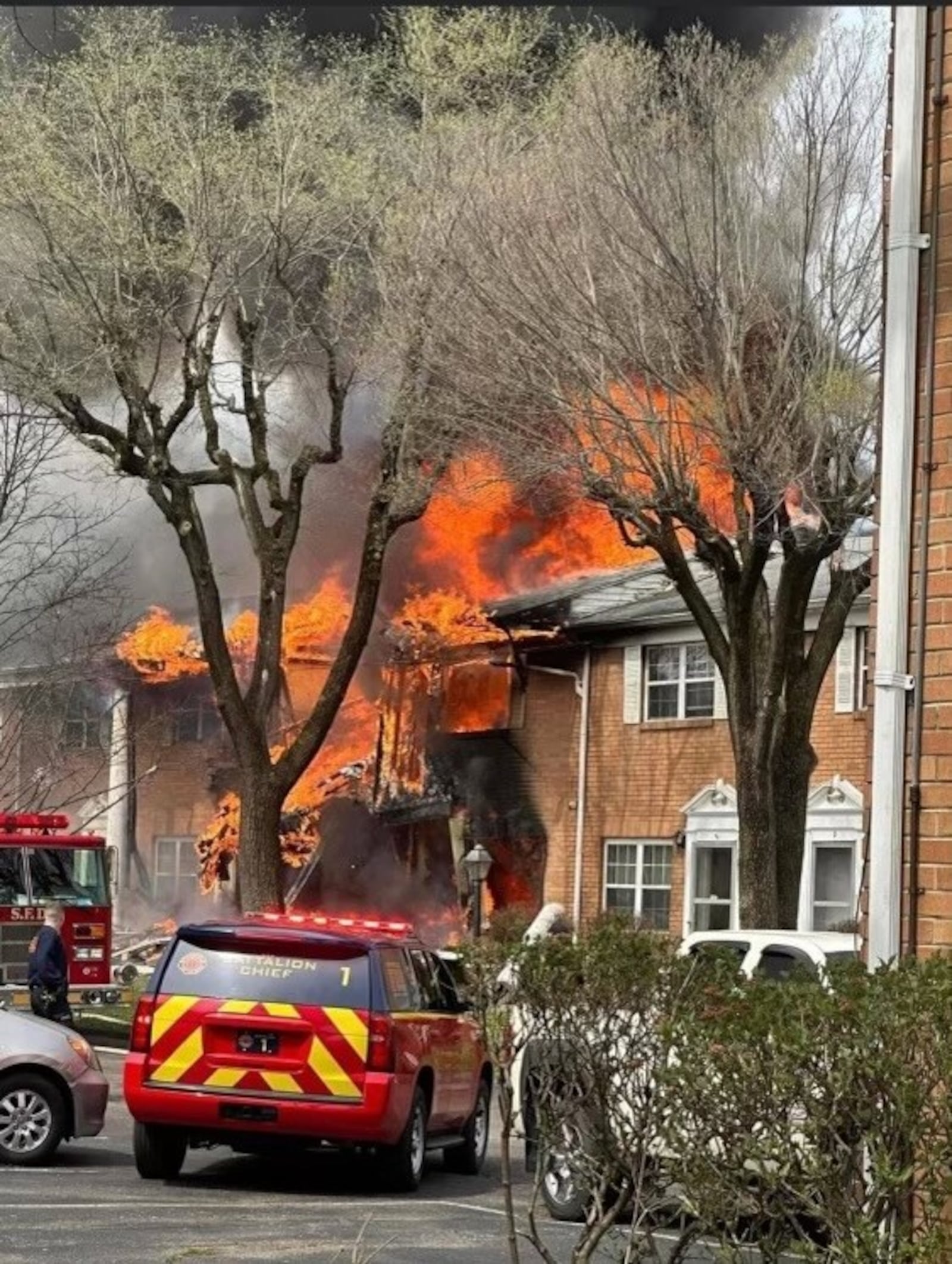 A fire occurred after a gas explosion at a Springfield townhome apartment complex on April 8, 2023. Contributed photo by Linda Impson.