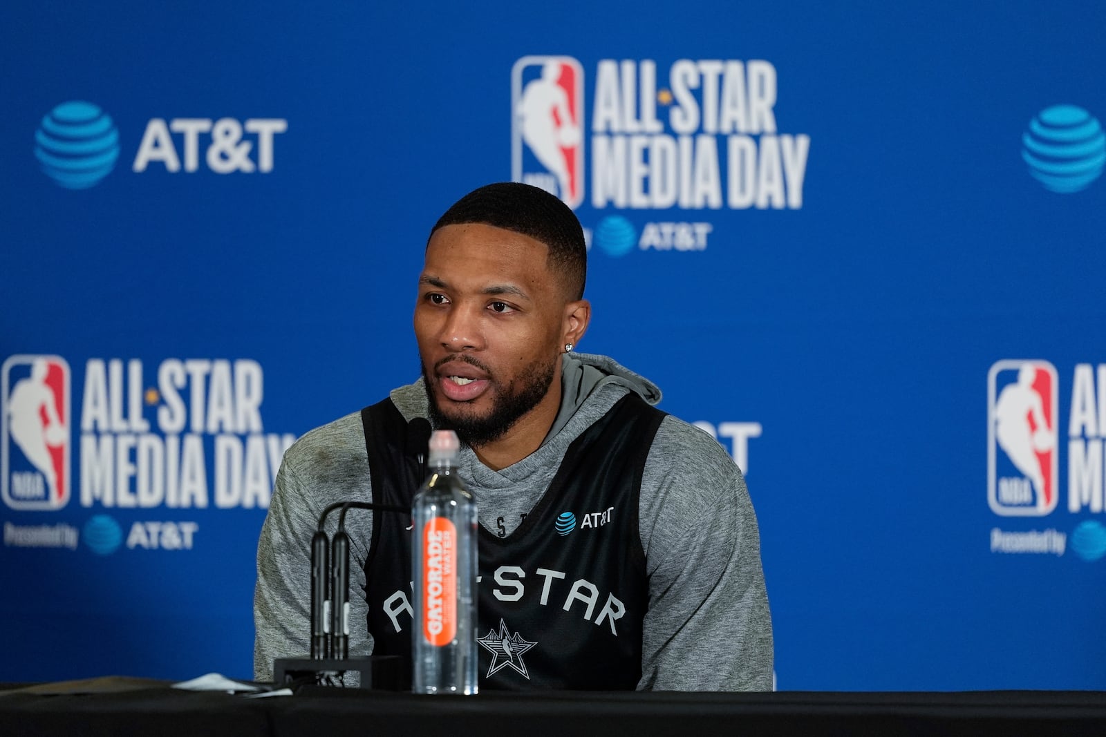 Damian Lillard, of the Milwaukee Bucks, speaks to media during the NBA All-Star game media day, Saturday, Feb. 15, 2025, in Oakland, Calif. (AP Photo/Godofredo A. Vásquez)