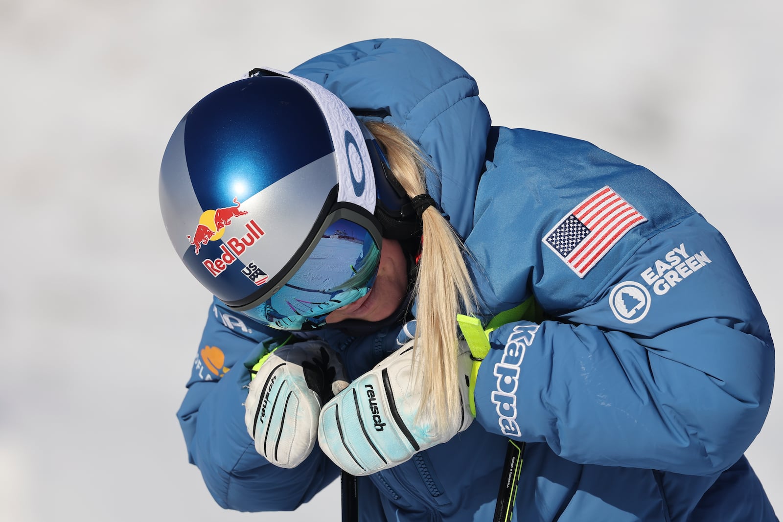 United States' Lindsey Vonn concentrates during the course inspection before competing in an alpine ski, women's World Cup super G, in St. Moritz, Switzerland, Saturday, Dec. 21, 2024. (AP Photo/Marco Trovati)