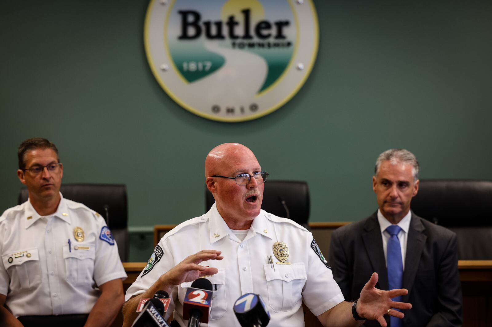 Butler Twp. Police Chief John Porter held a press conference at the Butler Twp. Fire Station on Little York Rd. concerning the quadruple homicide. Jim Noelker/Staff