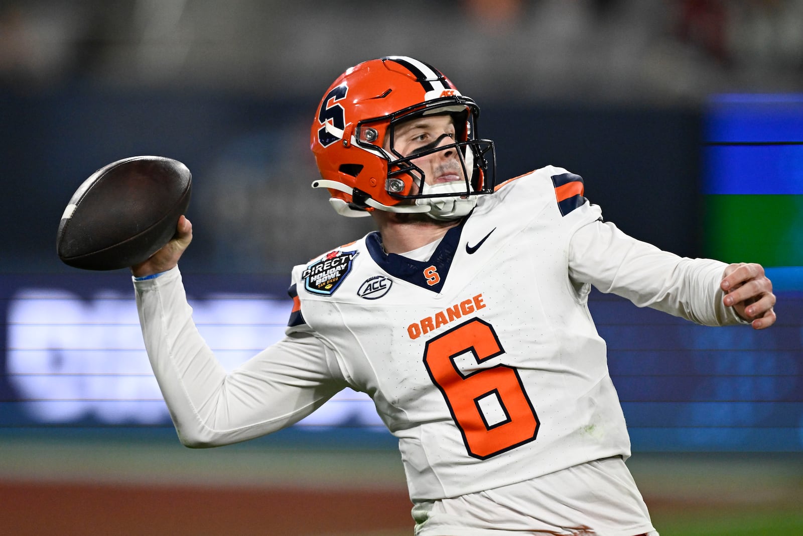 Syracuse quarterback Kyle McCord (6) passes during the second half of the Holiday Bowl NCAA college football game against Washington State Friday, Dec. 27, 2024, in San Diego. (AP Photo/Denis Poroy)