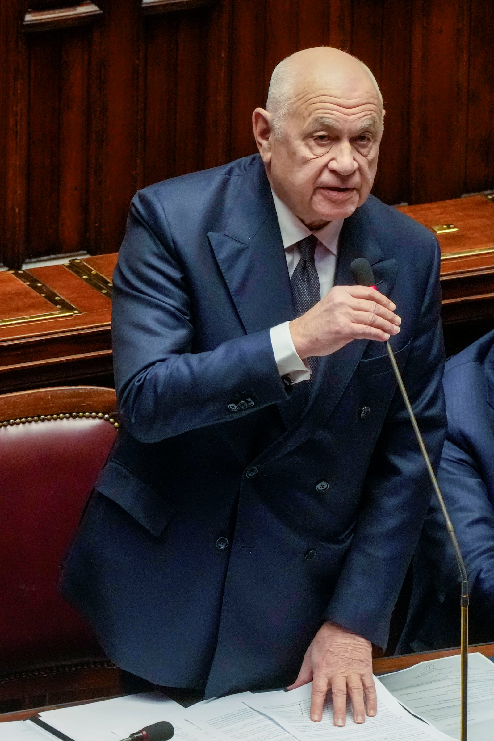 Italian Justice Minister Carlo Nordio speaks in the lower Chamber in Rome, Wednesday, Feb. 5, 2025, after receiving a warrant for repatriating a Libyan warlord, Ossama Anjiem, also known as Ossama al-Masri, wanted by the International Criminal Court in the Hague and who had been arrested in Turin, northern Italy. (AP Photo/Gregorio Borgia)