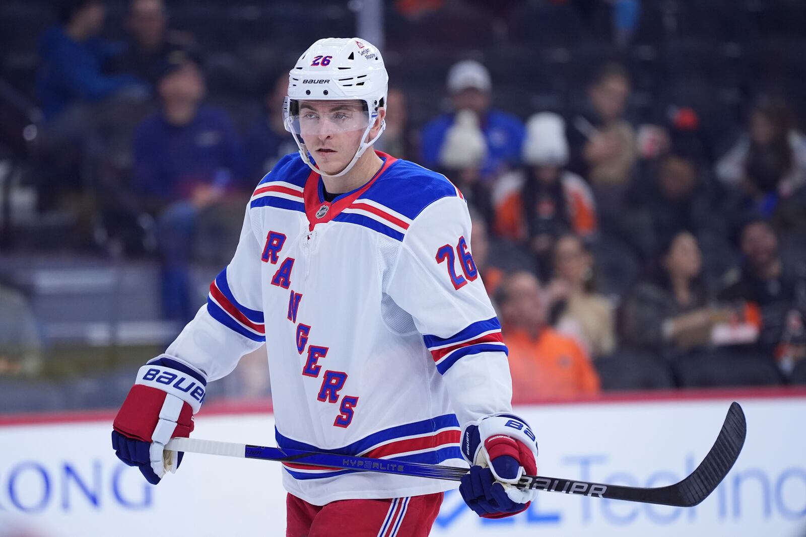 FILE - New York Rangers' Jimmy Vesey plays during an NHL hockey game, Friday, Nov. 29, 2024, in Philadelphia. (AP Photo/Matt Slocum, File)