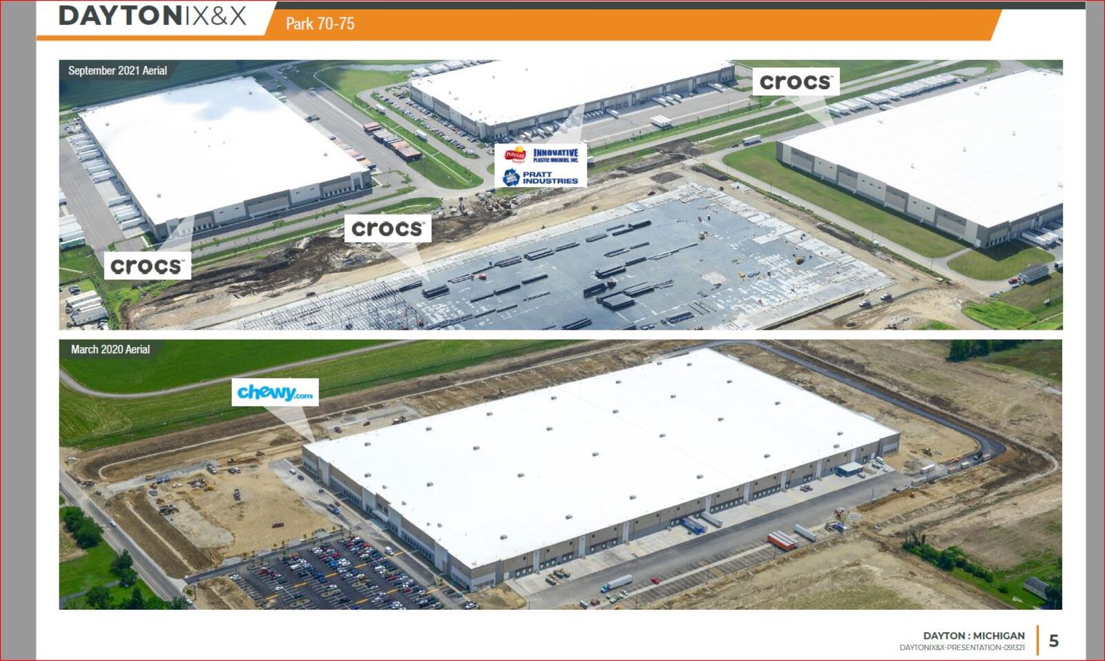 An aerial view of the Crocs and Chewy facilities near Dayton International Airport, as part of a NorthPoint Development presentation for public officials.