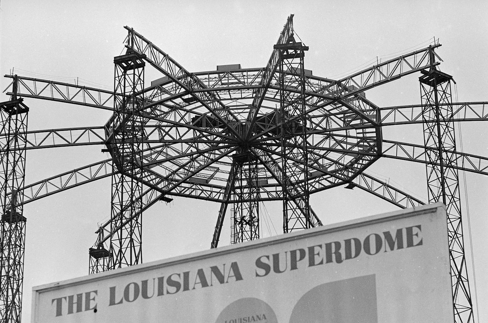 FILE - A view of the center crown block of the Louisiana Superdome and ribs of steel extending from it under construction in New Orleans, Nov. 20, 1974. (AP Photo, File)