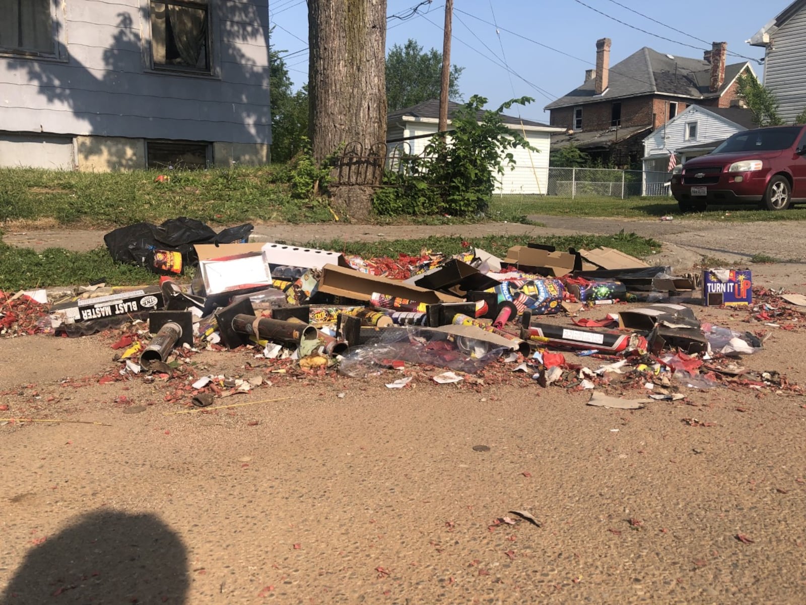 Used fireworks on Sunday, July 5. Fireworks started around dark and lasted deep into the night in Dayton on July 4. Loud bangs came from all directions in Dayton and lit up then night sky.
People shot them off from the street, alleys, empty lots and their yards. The booms were so loud that neighbors complained that their windows rattled and their walls shook. Cornelius Frolik / Staff