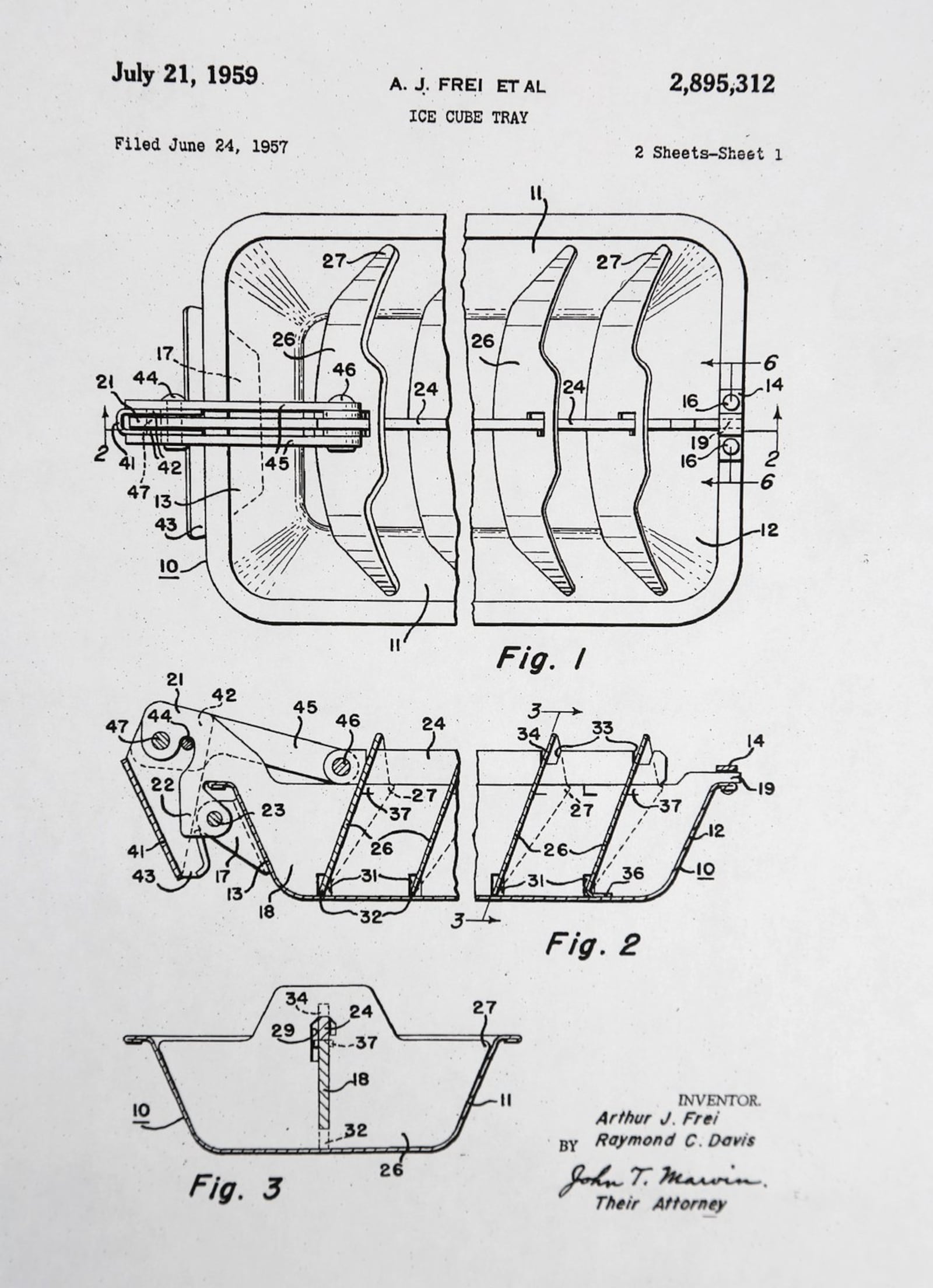 Patent No. 2,895,312 for the “Ice Cube Tray” was made official July 21, 1959. It was invented by Arthur J. Frei and Raymond C. Davis.