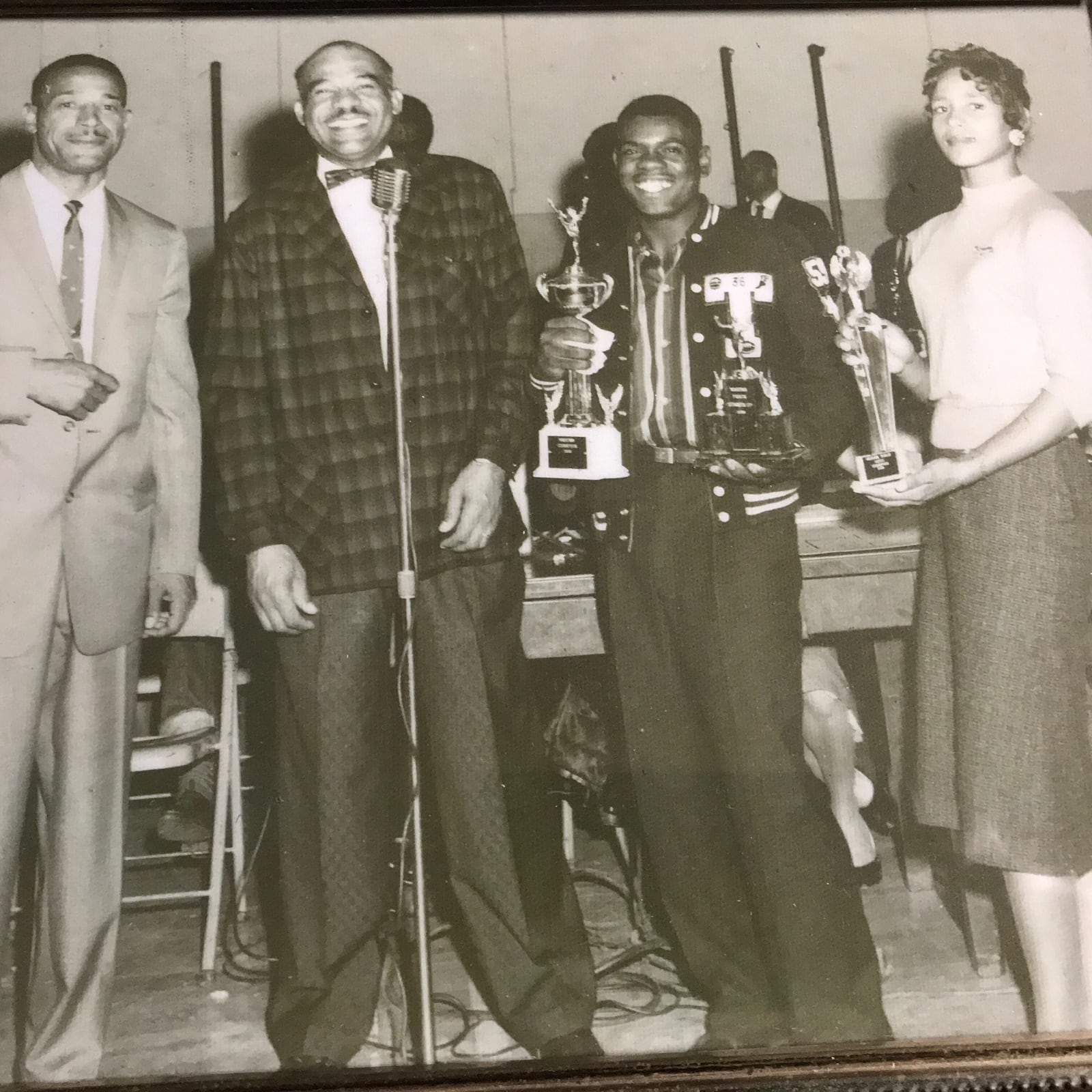 Tom Montgomery as Athlete of the Year at Trenholm High in Tuscumbia, Alabama.
Pictured from left: Trenholm High coach Charles “Foots” Mahoney, a Central State grad; George “Hoss”  Hopson, head coach Alabama A& M; Tom Montgomery, and Martha Byrd, top female athlete at Trenholm. CONTRIBUTED