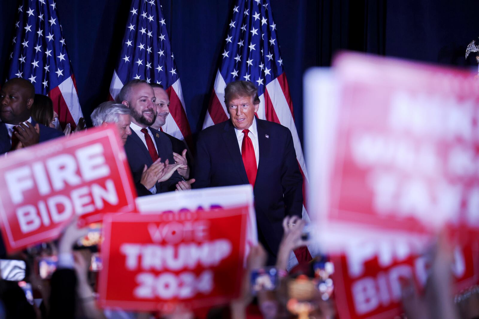 
                        FILE — Former President Donald during a watch party on the night of the South Carolina Republican primary, in Columbia, S.C., on Feb. 24, 2024. A state judge in Illinois ruled Wednesday, Feb. 28, 2024, that Trump had engaged in insurrection and was ineligible to appear on the state’s primary ballot. (Travis Dove/The New York Times)
                      