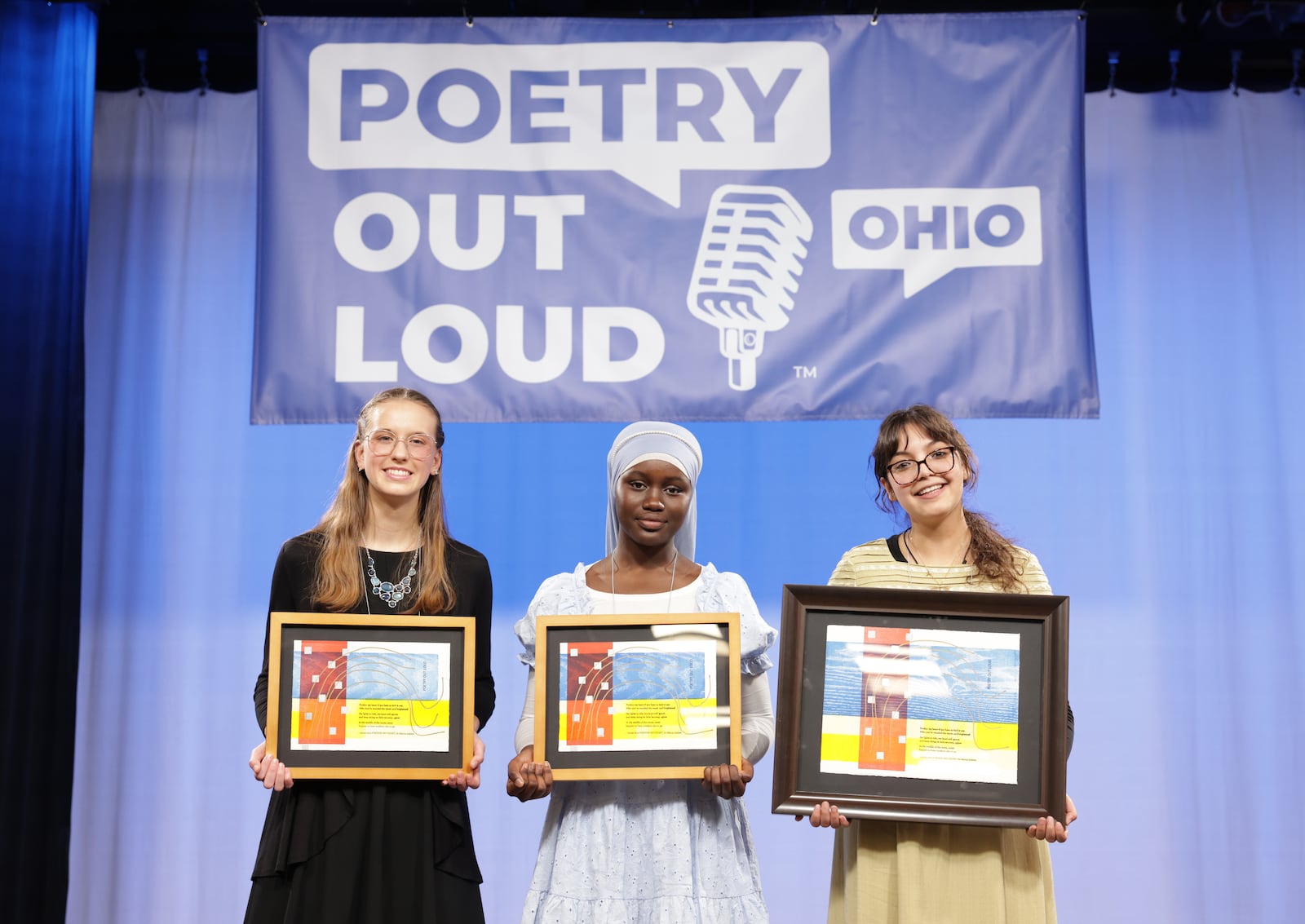 Left to right: Amanda Braig, third-place winner; Anabanel Anne, second-place winner; and Hiba Loukssi, 2023 Poetry Out Loud State Champion. CONTRIBUTED