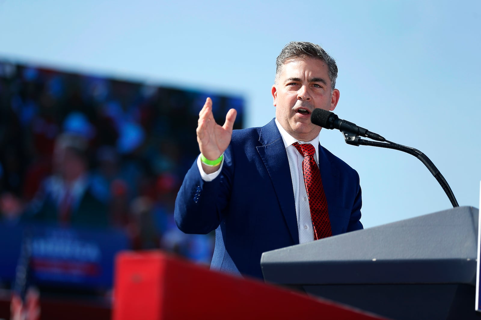 U.S. Rep. Mike Carey, of Ohio, greets supporters at a rally at the Delaware County Fairgrounds, Saturday, April 23, 2022, in Delaware, Ohio, where former President Donald Trump is expected to speak later in the day to endorse Republican candidates ahead of the Ohio primary on May 3. (AP Photo/Joe Maiorana)