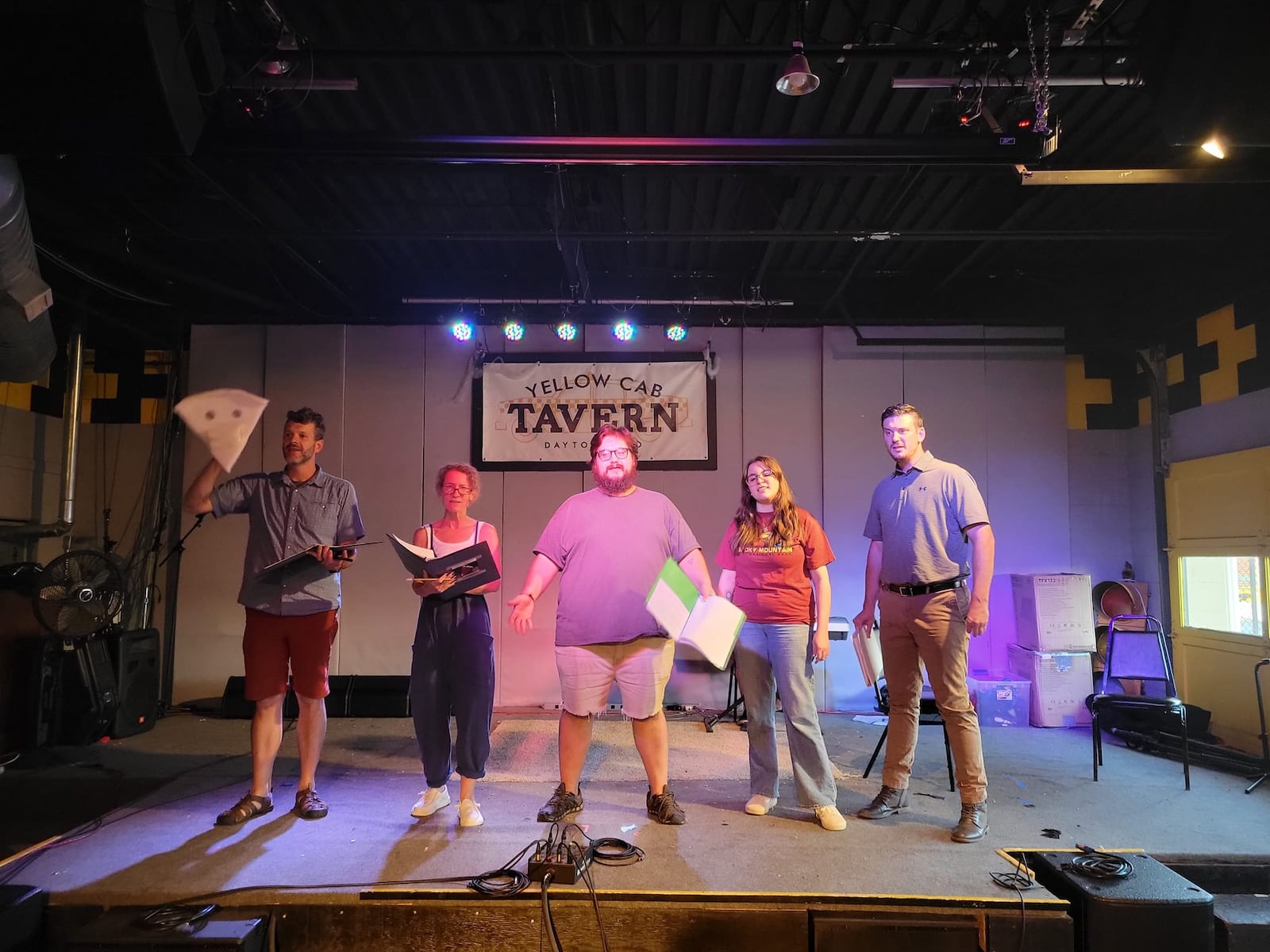 left to right: Mike Beerbower (Mr. Pizza), Heather Martin (Mama Joan), Skyler McNeely (Big Tasty), Addie Immundo (Lil Bandit), and Jeff Sams (Pizza Bandit) appear in "The Pizza Bandit - The Musical," slated Sept. 8-11 at Yellow Cab Tavern.