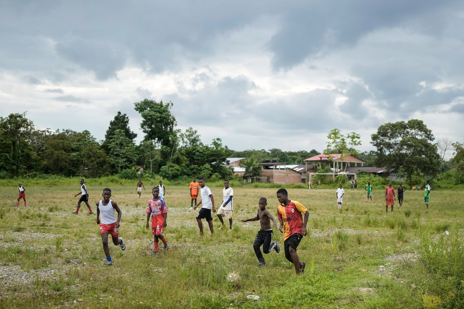 Children play soccer in Paimado, Colombia, Monday, Sept. 23, 2024. (AP Photo/Ivan Valencia)