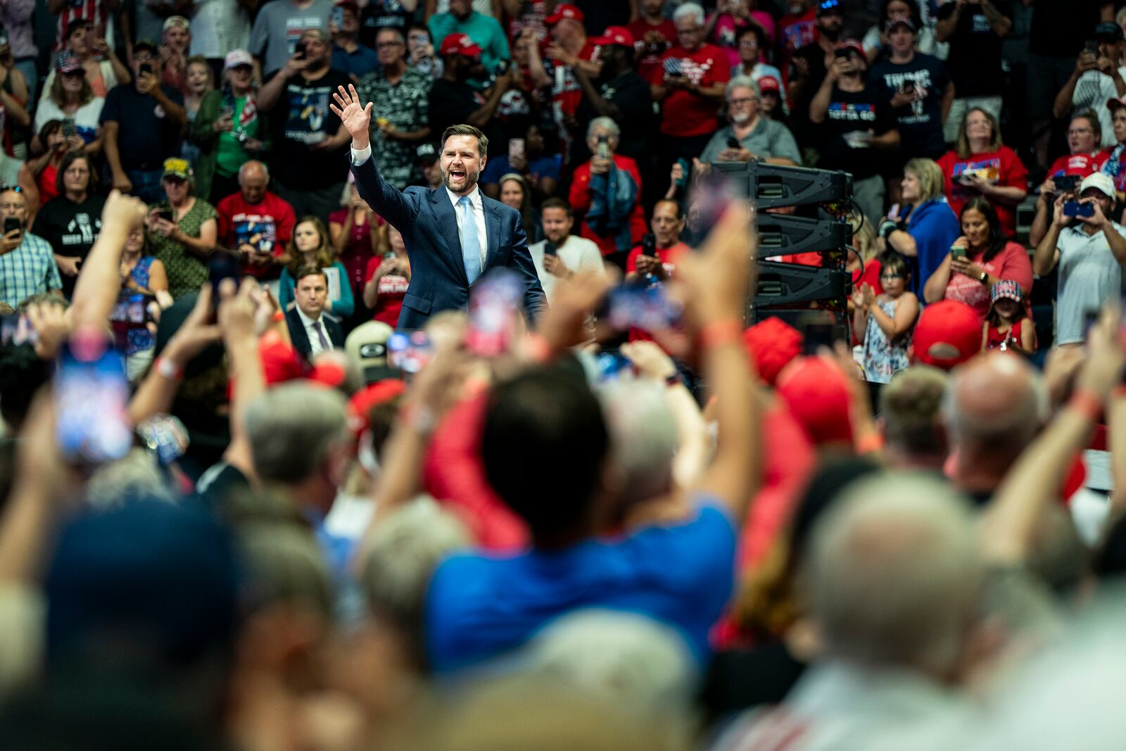  Sen. JD Vance (R-Ohio), Donald Trump’s vice-presidential running mate, arrives at a campaign rally at the Van Andel Arena in Grand Rapids, Mich., July 20, 2024. (Haiyun Jiang/The New York Times) 