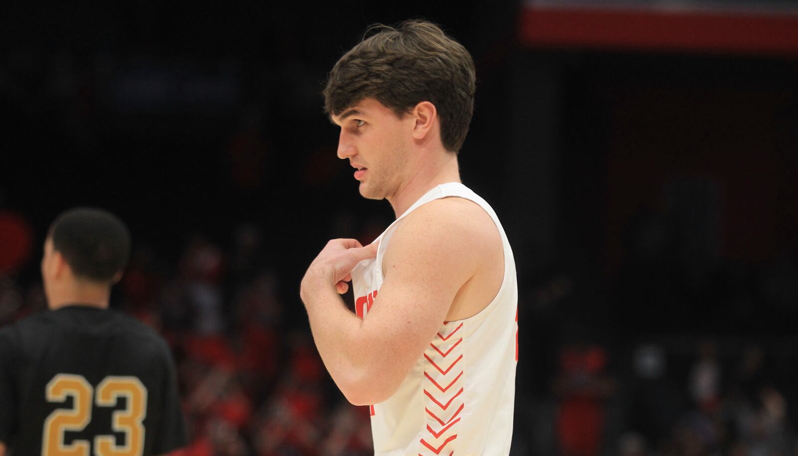 Dayton's Brady Uhl makes his college debut in the final minute of a game against Alabama State on Wednesday, Dec. 1, 2021, at UD Arena. David Jablonski/Staff