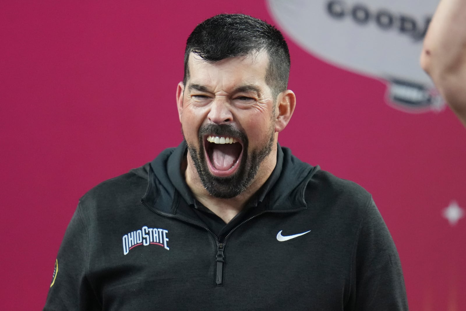 Ohio State head coach Ryan Day celebrates after the Cotton Bowl College Football Playoff semifinal game against Texas, Friday, Jan. 10, 2025, in Arlington, Texas. (AP Photo/Julio Cortez)