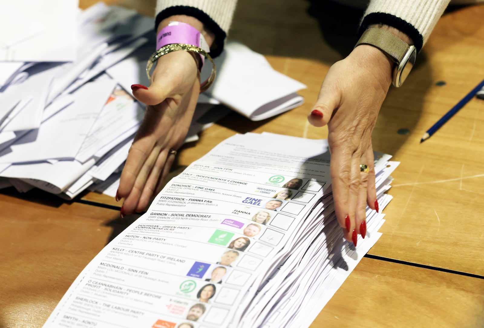 Counting begins for Ireland's General Election at the Royal Dublin Society in Dublin, Ireland, Saturday, Nov. 30, 2024. (AP Photo/Peter Morrison)