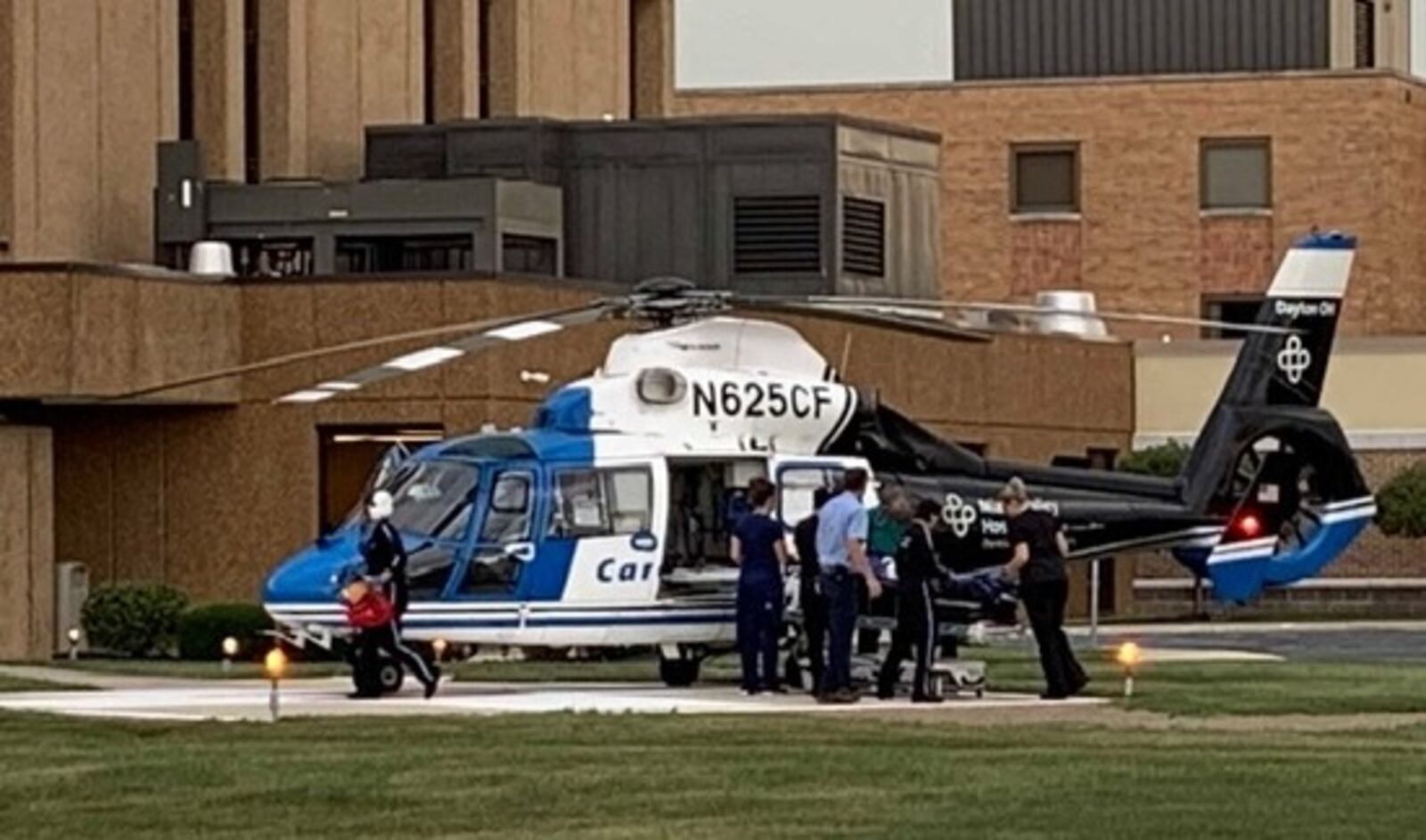 A CareFlight medical helicopter lands at Coldwater Hospital for a patient injured in a crash on state Route 219.