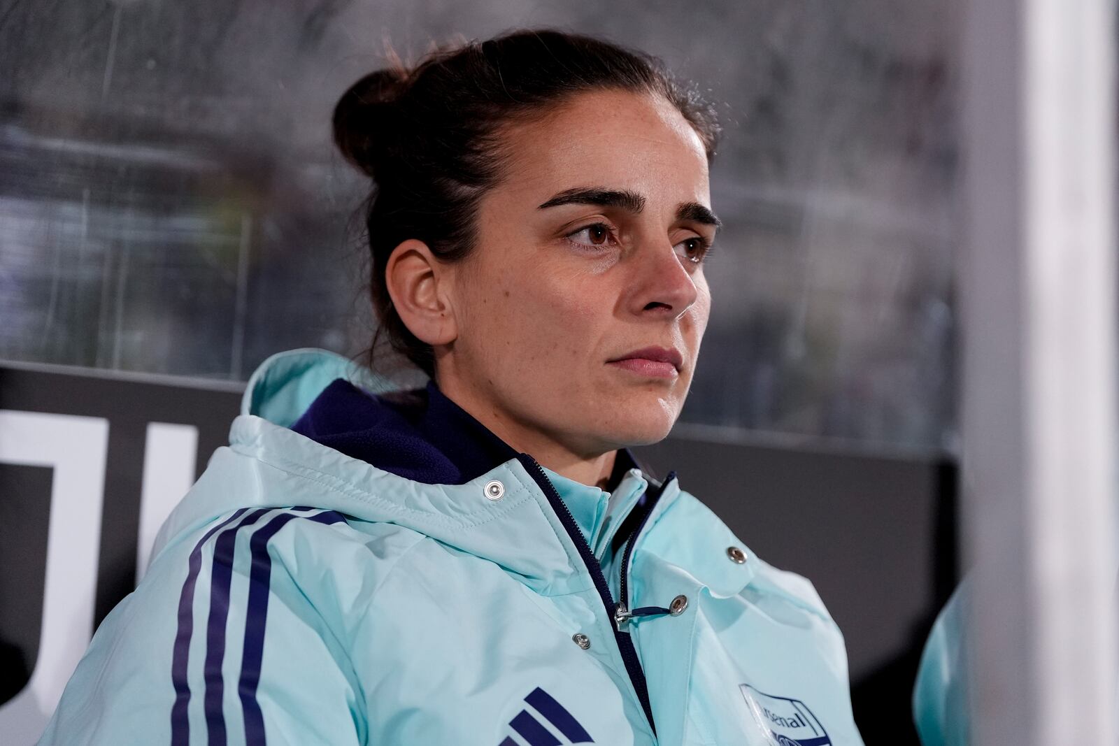 Arsenal head coach Renée Slegers sits on the bench ahead of the women's Champions League soccer match between Juventus and Arsenal at the Vittorio Pozzo La Marmora Stadium in Biella, Italy, Tuesday, Nov. 12, 2024. (Fabio Ferrari/LaPresse via AP)