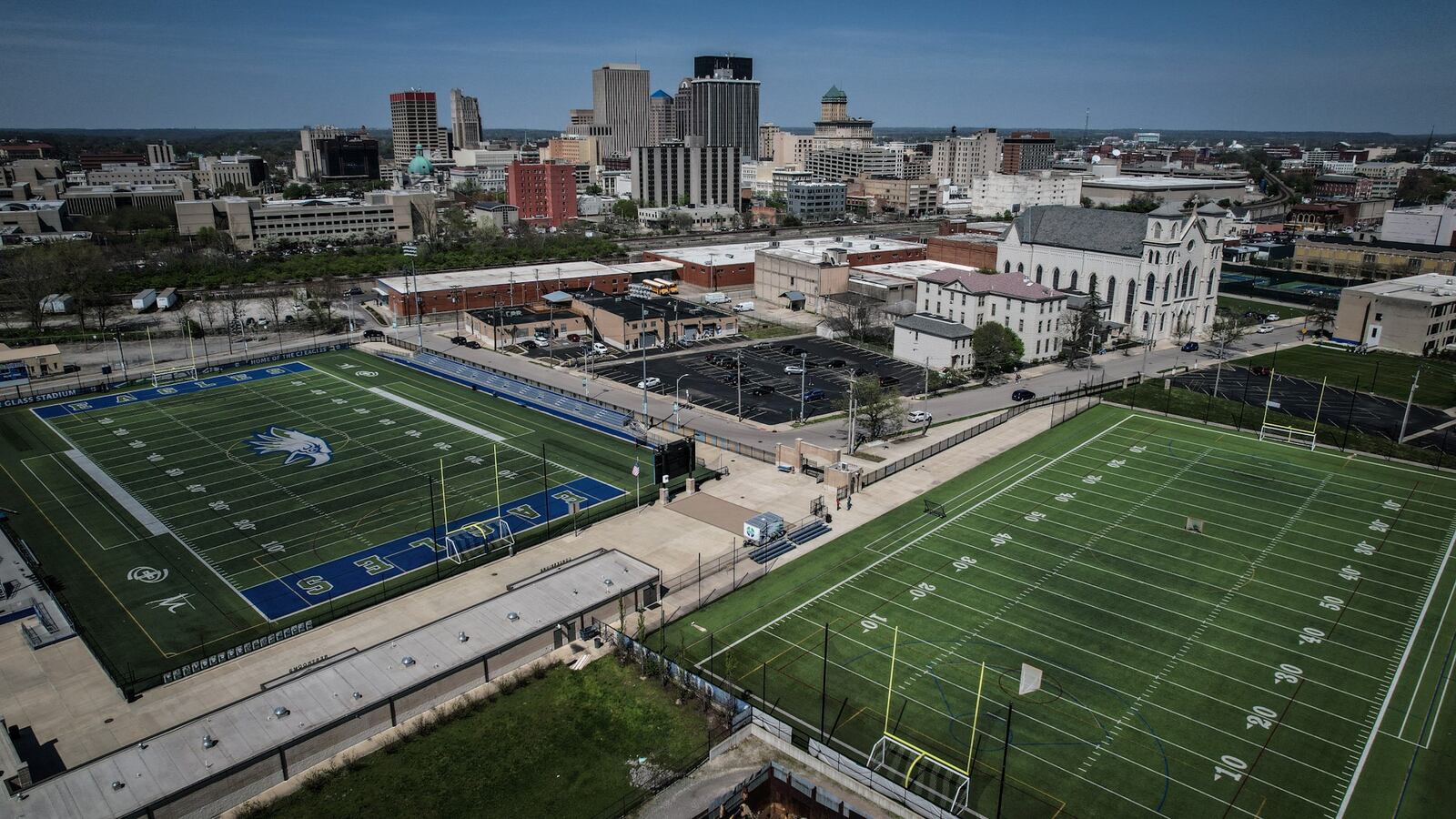 This is an aerial of CJ campus including the soccer and football fields. The city of Dayton Ohio is in the background. JIM NOELKER/STAFF