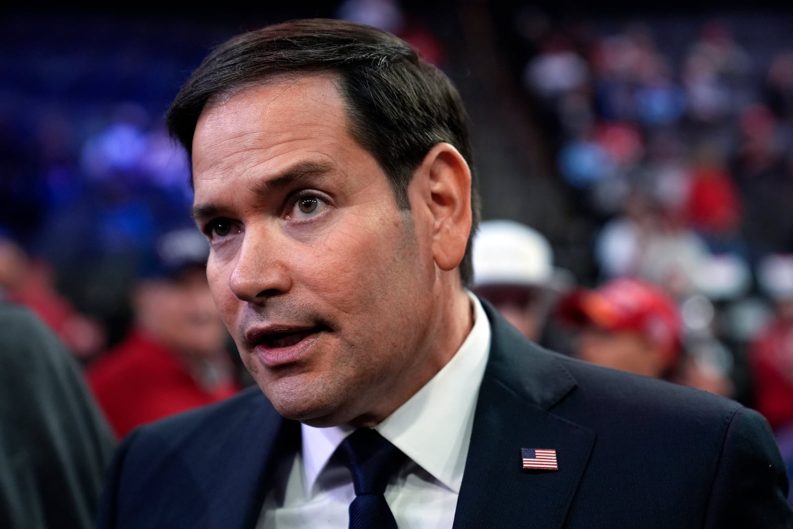 FILE - Sen. Marco Rubio, R-Fla., arrives before Republican presidential nominee former President Donald Trump speaks at a campaign rally in Allentown, Pa., Oct. 29, 2024. (AP Photo/Matt Rourke, File)