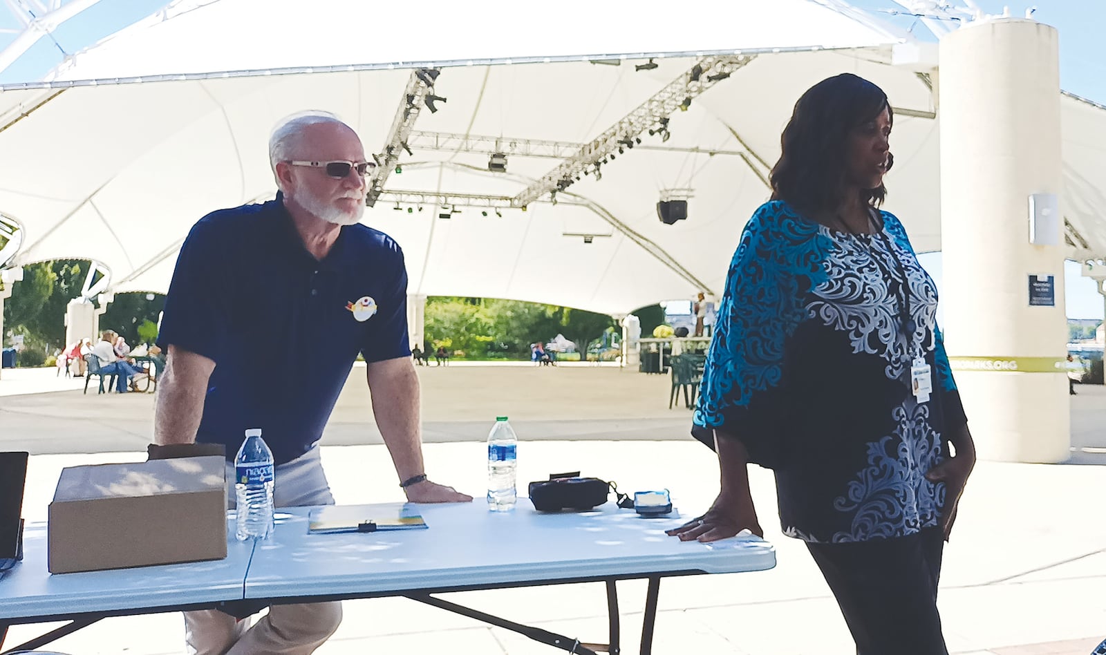 Larry Sexton, of Montgomery County  Alcohol, Drug and Mental Health Services, 
and Victoria Hubbard, of Samaritan Health and OneFifteen, conduct Project DAWN training at RiverScape MetroPark on Wednesday as part of Overdose Awareness Day. SAMANTHA WILDOW\STAFF