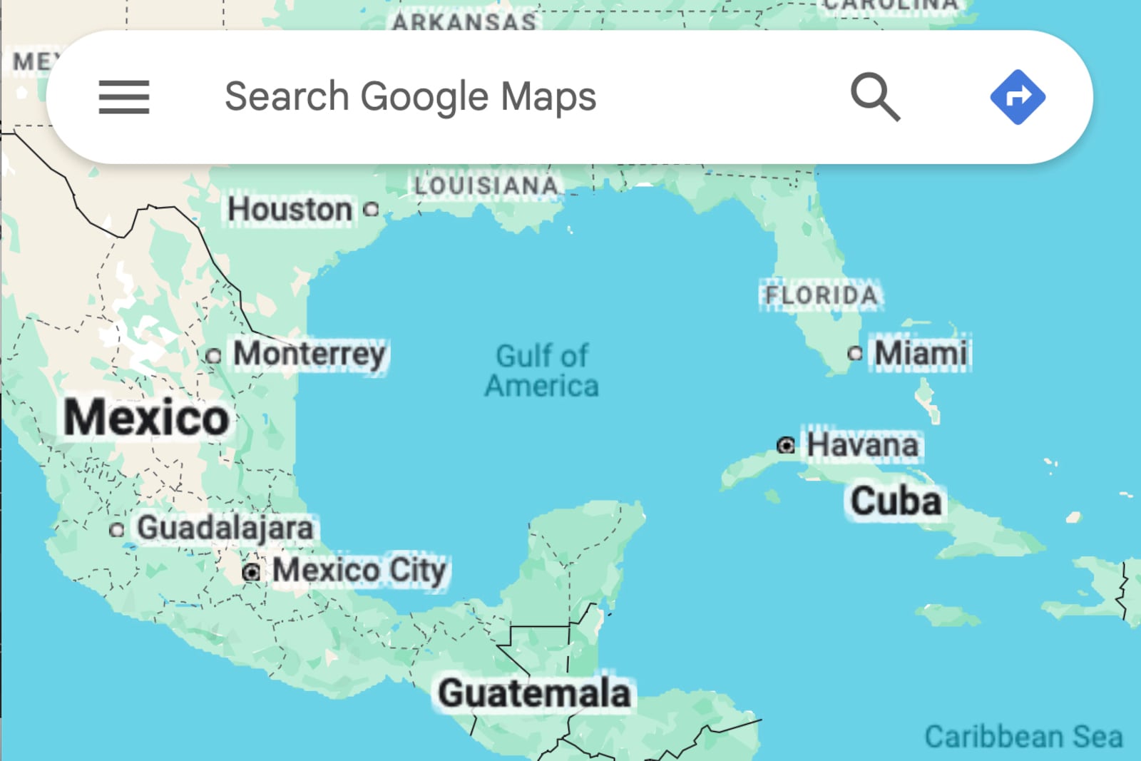 This image from Google Maps viewed from a browser in New York on Tuesday, Feb. 11, 2025, shows the Gulf of Mexico renamed the “Gulf of America.” (Google via AP)