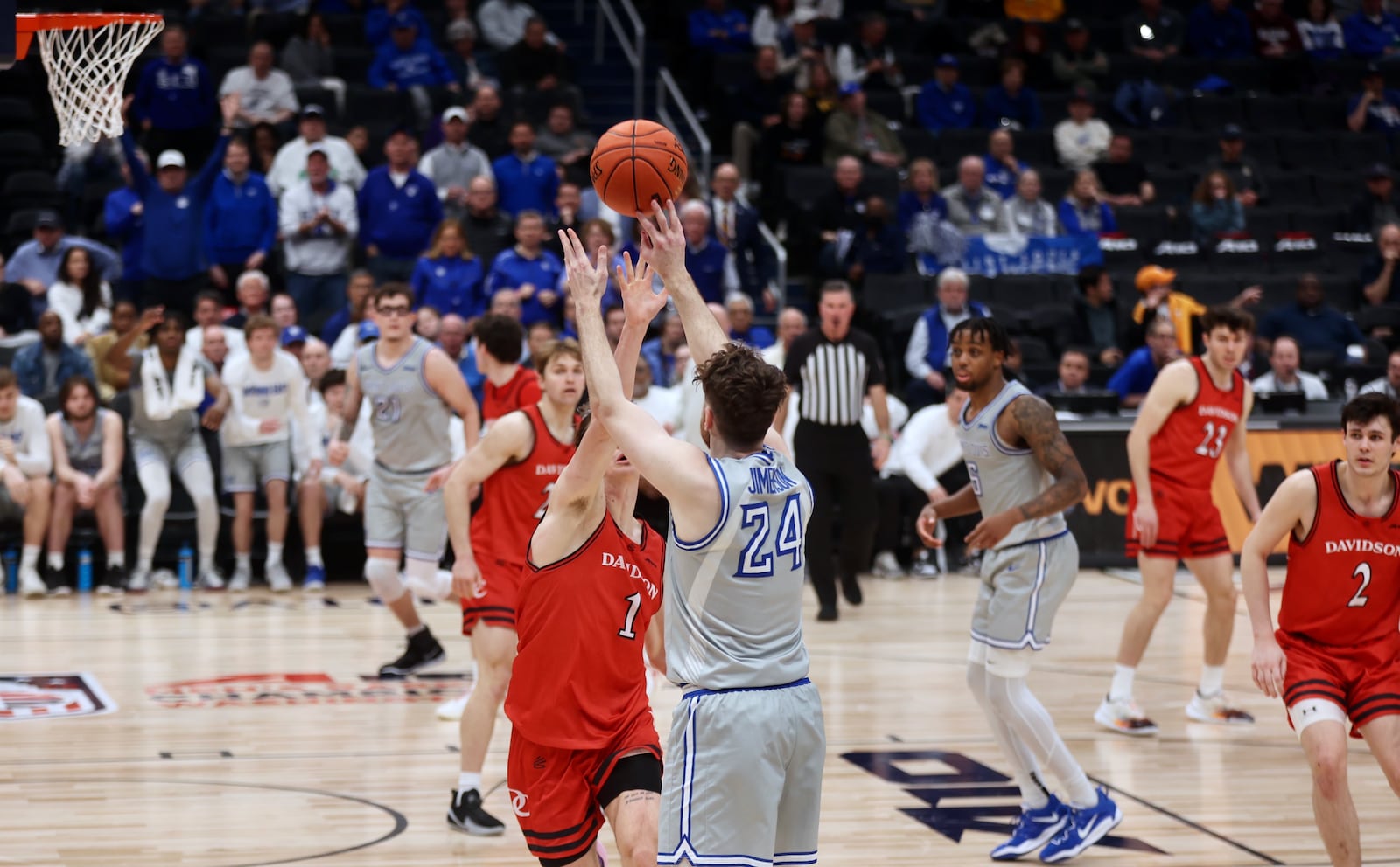 Gibson Jimerson, of Saint Louis, makes a 3-pointer in the second half against Davidson in the second round of the Atlantic 10 Conference tournament on Thursday, March 13, 2025, at Capital One Arena in Washington, D.C. David Jablonski/Staff