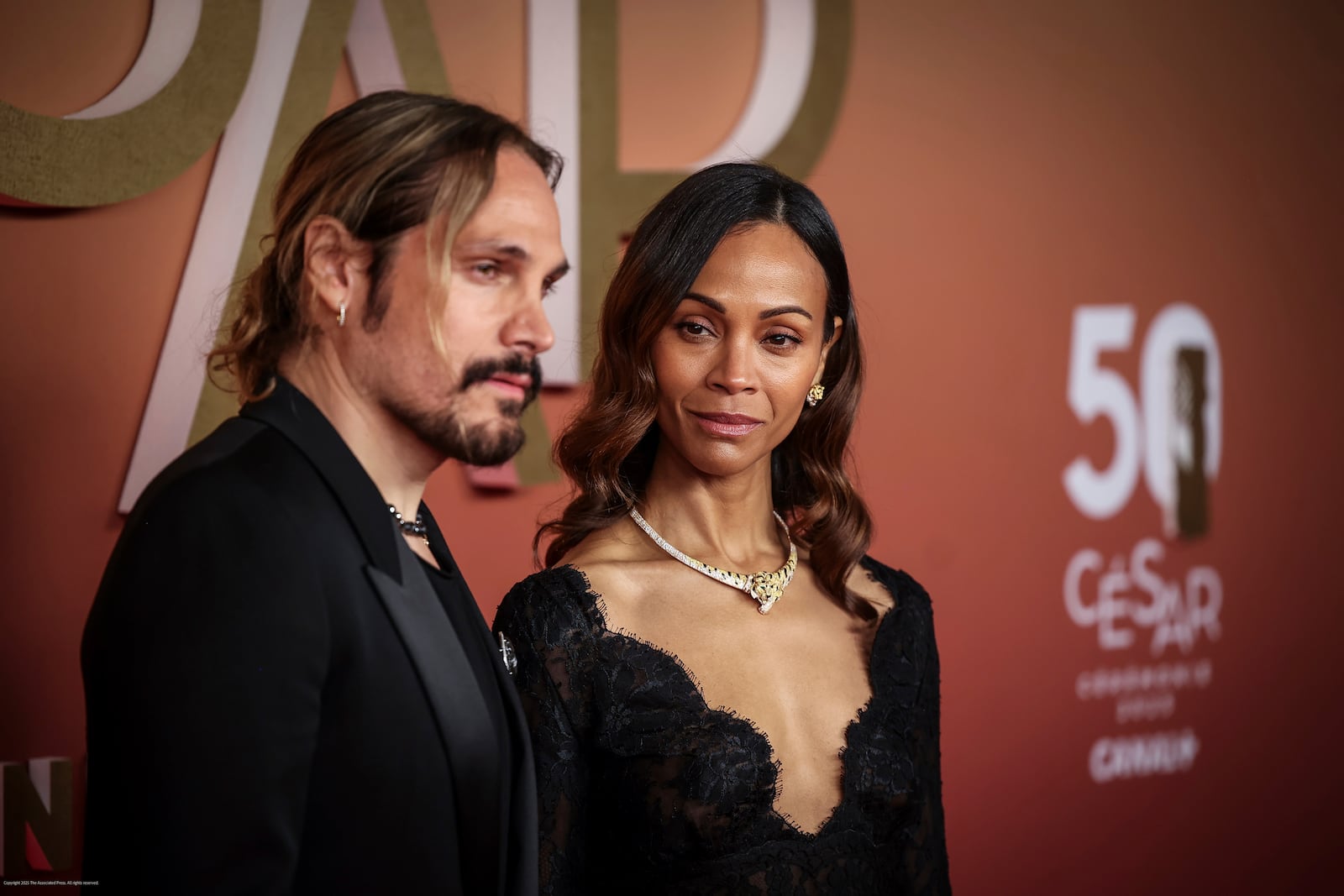 Zoe Saldana poses for photographers during the 50th Cesar Awards ceremony, in Paris, Friday, Feb. 28, 2025. (AP Photo/Thomas Padilla)