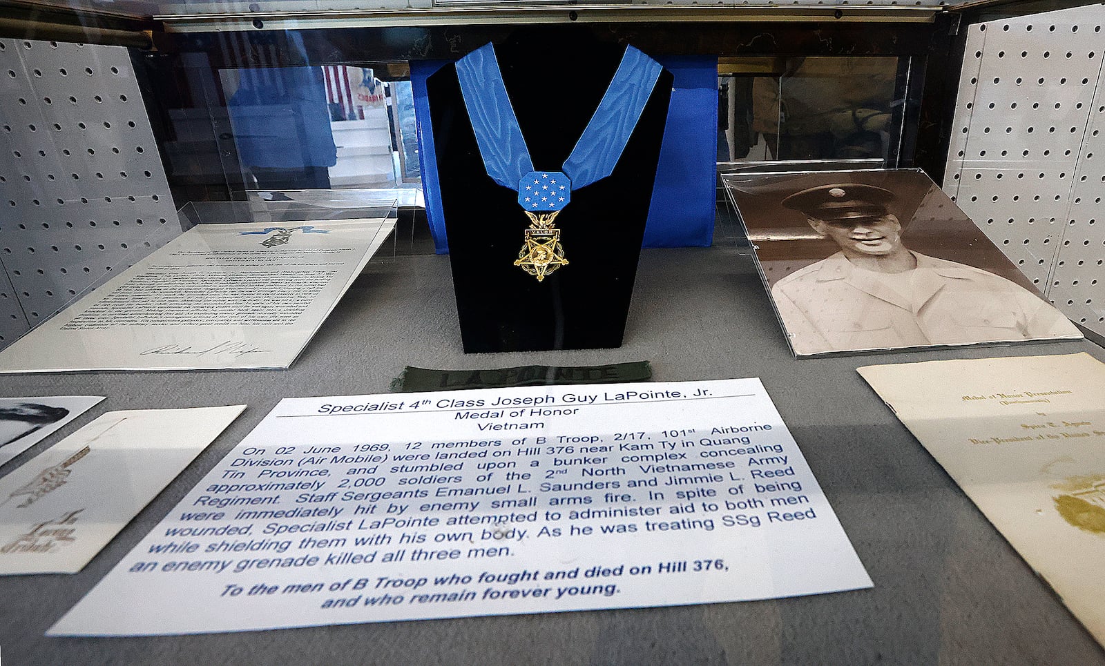 The display for Specialist 4th Class Joseph Guy LaPointe, Jr. Vietnam, Medal of Honor winner at the Miami Valley Military History Museum in Fairborn. MARSHALL GORBY\STAFF