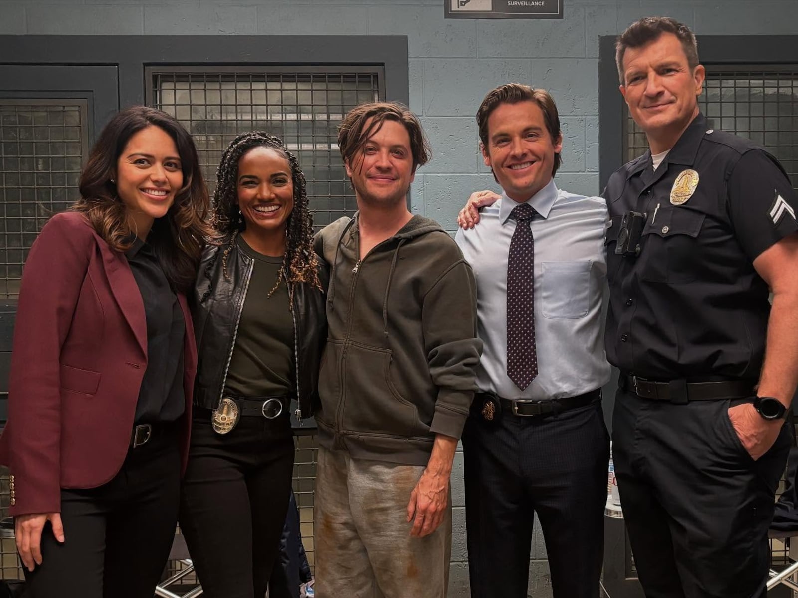 Muse Machine alum Patrick Stafford (center) and the cast of ABC's "The Rookie." Stafford, a Tecumseh High School grad, portrayed Ryan Dearbourne on the Feb. 4 episode of the drama series. FACEBOOK PHOTO