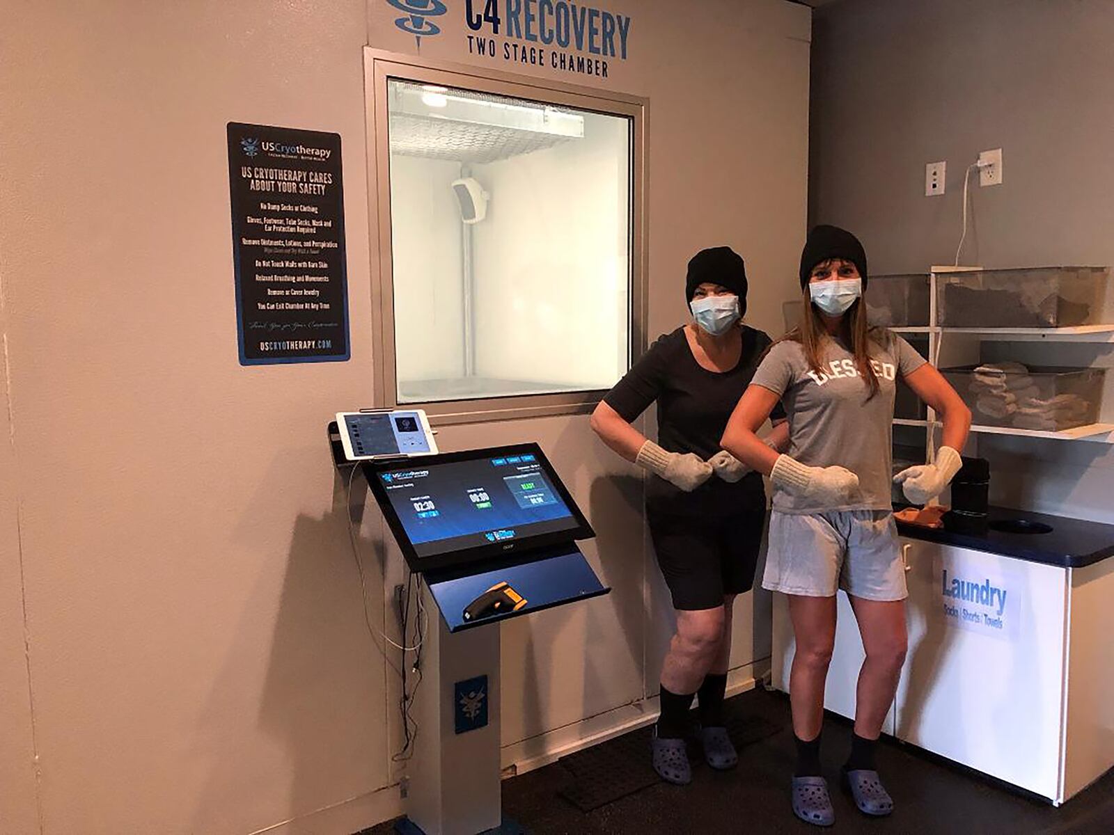 Tina Frantz was referred by a friend to try cryotherapy or cold therapy to help reduce inflammation and pain. She is shown preparing to enter the cryo chamber with her friend Kristin Erickson, left. CONTRIBUTED