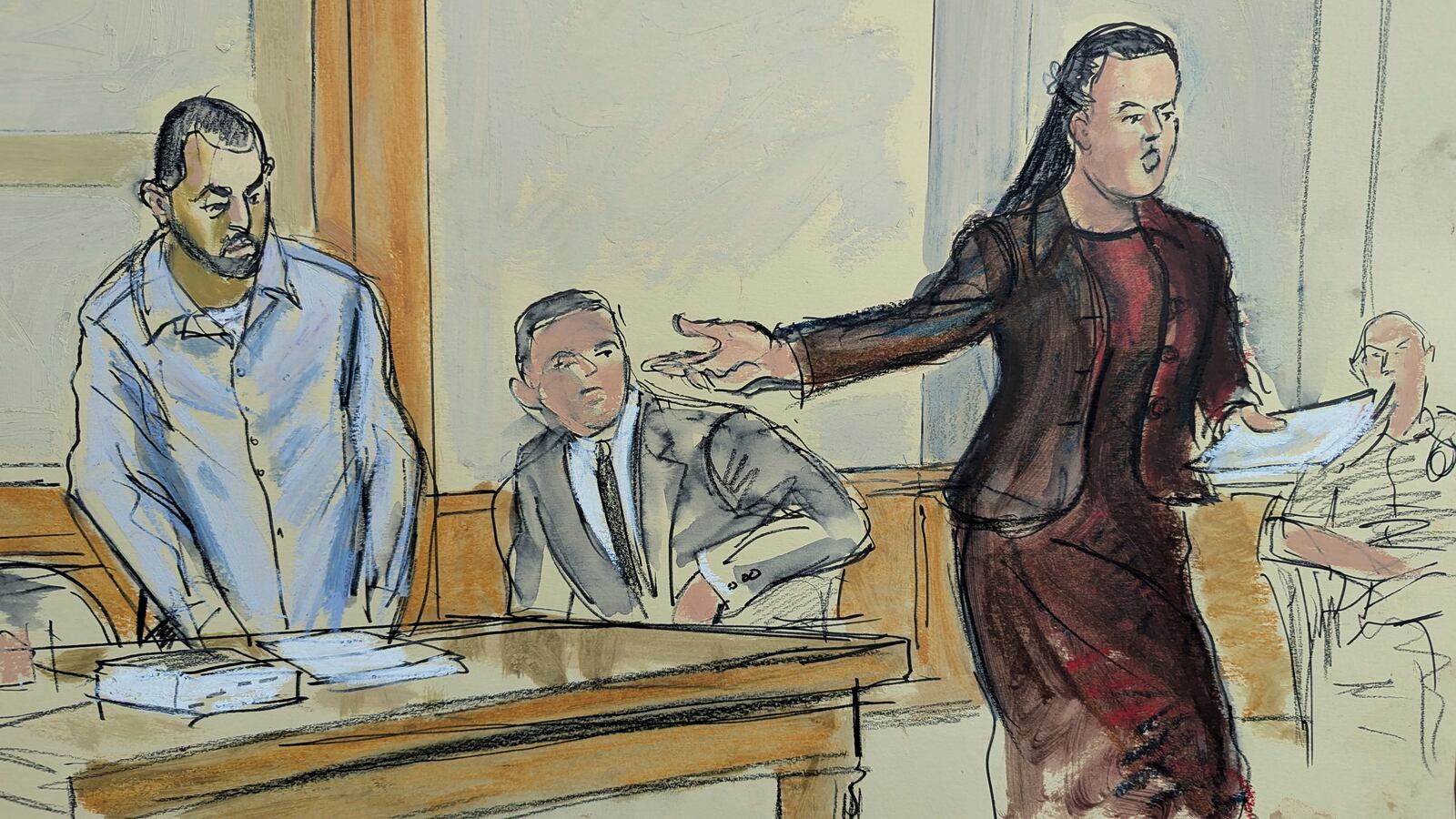 In this courtroom sketch, Public Defender Lynn Shaffer asks her client, Hadi Matar, left, to stand while giving her opening statement in his the trial iin Chautauqua County court, in Mayville, NY, Monday, Feb. 10, 2025. (Elizabeth Williams via AP)