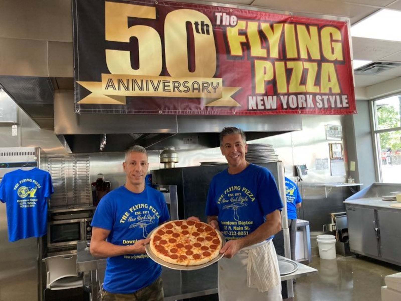 Sons of John Graci, Flying Pizza Founder, Tony and Frank Graci, have been celebrating all year long by doing what they do best, tossing dough high above their heads and chatting merrily with loyal customers. Though on Oct. 1, the official 50th anniversary, the restaurant will thank the community by giving away gift certificates, free T-shirts, sweatshirts and other giveaways.