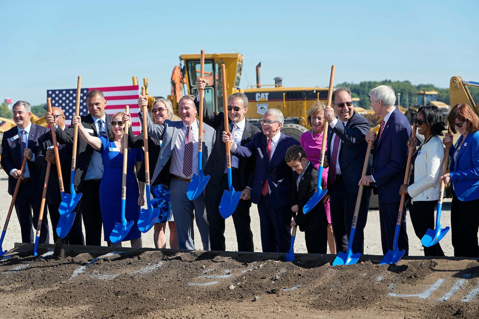 Alongside Intel CEO Pat Gelsinger, Gov. Mike DeWine and a host of business leaders, Intel broke ground Friday, Sept. 9, 2022, on a $20 billion microchip manufacturing project in New Albany, Ohio, (Adam Cairns/The Columbus Dispatch via AP)