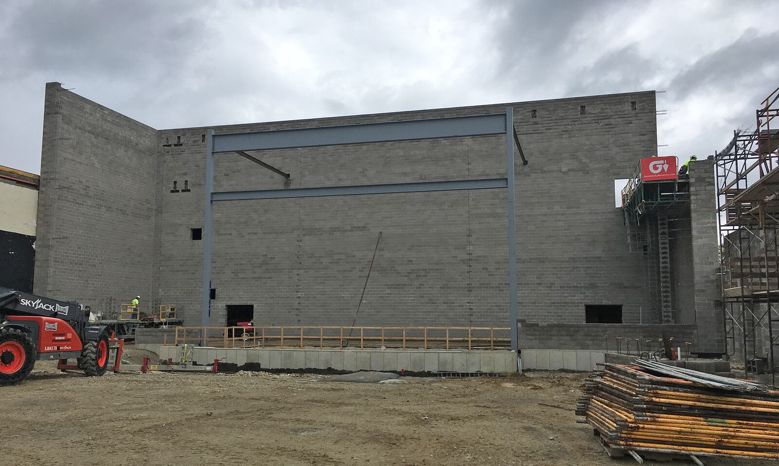 The 50' wall in the back of the new Kettering Fairmont Auditorium is up and steel is beginning to go up as well.  Some roof decking has gone on in the rooms behind the Auditorium which are a multi-purpose room and dressing rooms.  In the next few weeks we will be seeing a lot more walls going up and more steel and roof decking being installed. KETTERING CITY SCHOOLS