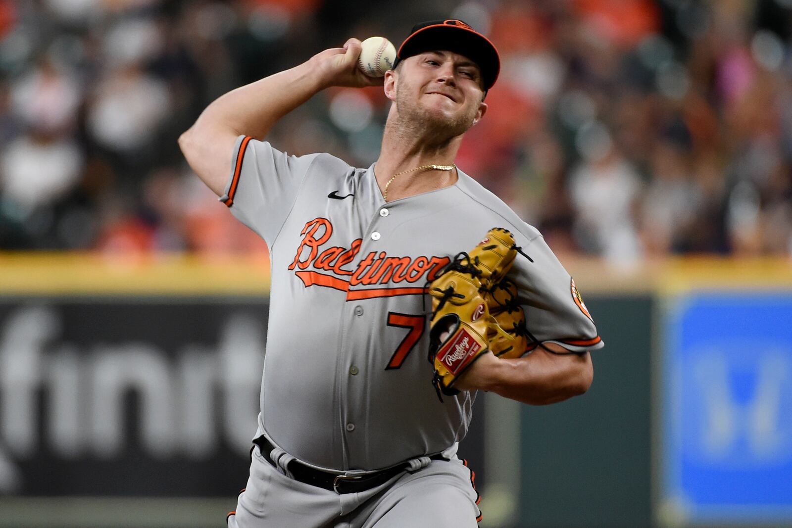 Baltimore Orioles starting pitcher Travis Lakins Sr. delivers during the first inning of the team's baseball game against the Houston Astros, Tuesday, June 29, 2021, in Houston. (AP Photo/Eric Christian Smith)