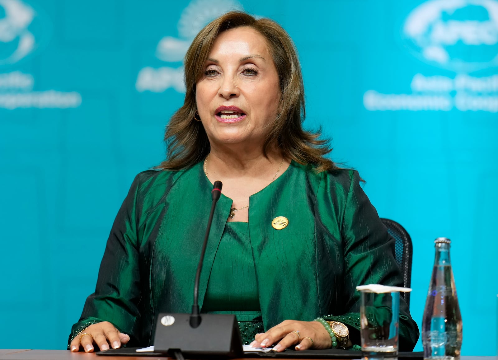 Peru's President Dina Boluarte speaks during the annual Asia Pacific Economic Cooperation, APEC, summit in Lima, Peru, Saturday, Nov. 16, 2024. (AP Photo/Fernando Vergara)