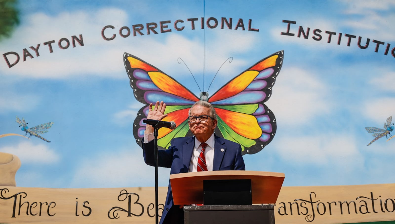 Ohio Gov. Mike DeWine announce on Tuesday May 23, 2023 at the Dayton Correctional Institution a new initiative to train inmates to build the infrastructure necessary for broadband expansion throughout the state. JIM NOELKER/STAFF