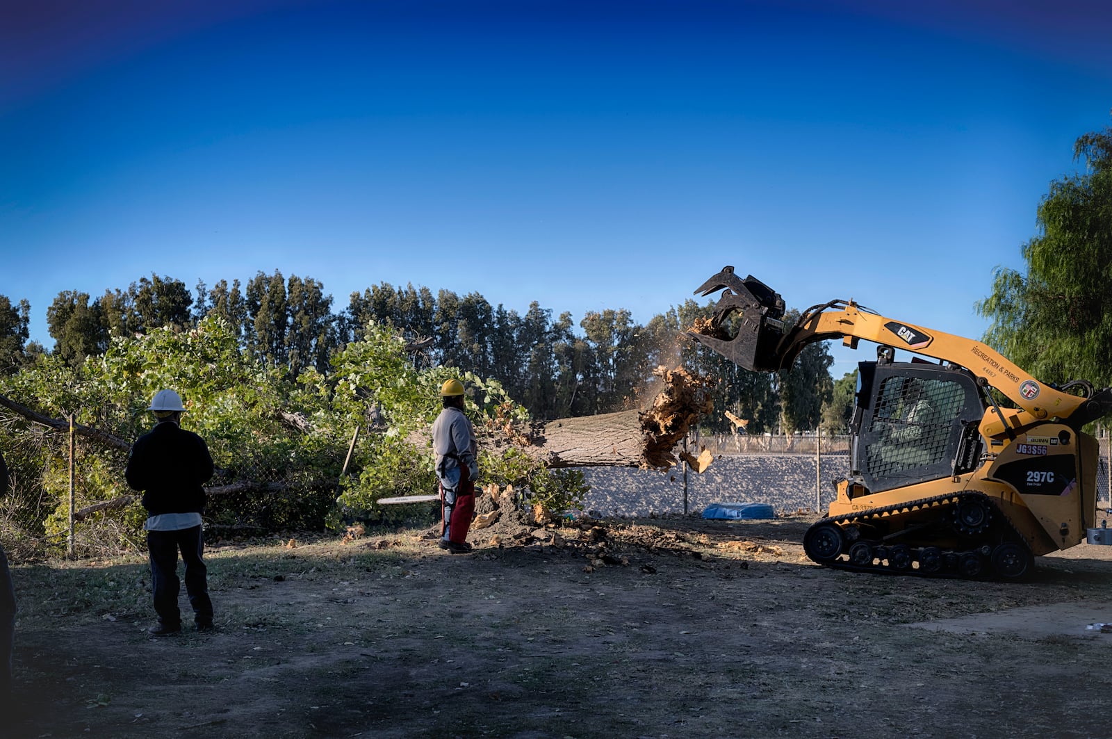 Los Angeles city workers remove the remains of a fallen tree blown over by intense winds that crushed a fence in a city park on Monday, Nov. 4, 2024. (AP Photo/Richard Vogel)