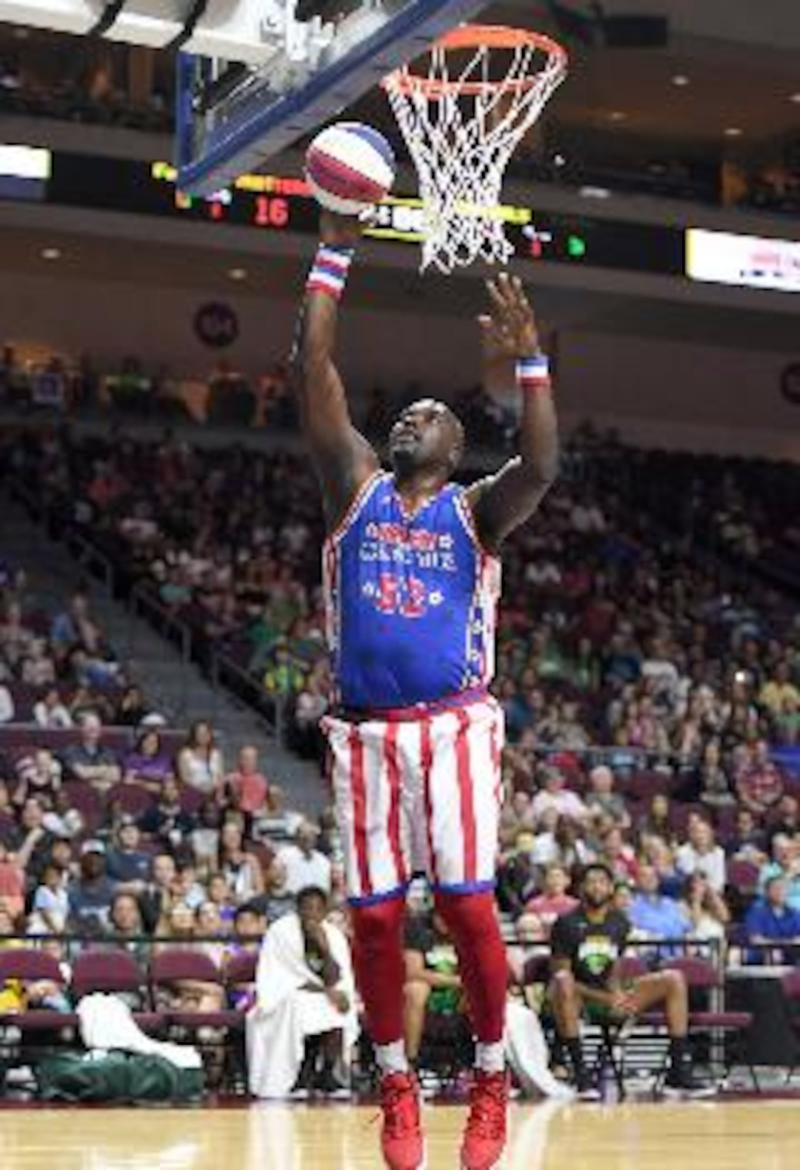 Nate “Big Easy” Lofton #52 of the Harlem Globetrotters shoots a layup during an exhibition game against the Washington Generals at the Orleans Arena on Aug. 25, 2019, in Las Vegas, Nevada. The Globetrotters will return to Dayton for their annual New Year’s Eve event at Wright State’s Nutter Center. (Photo by Ethan Miller/Getty Images)