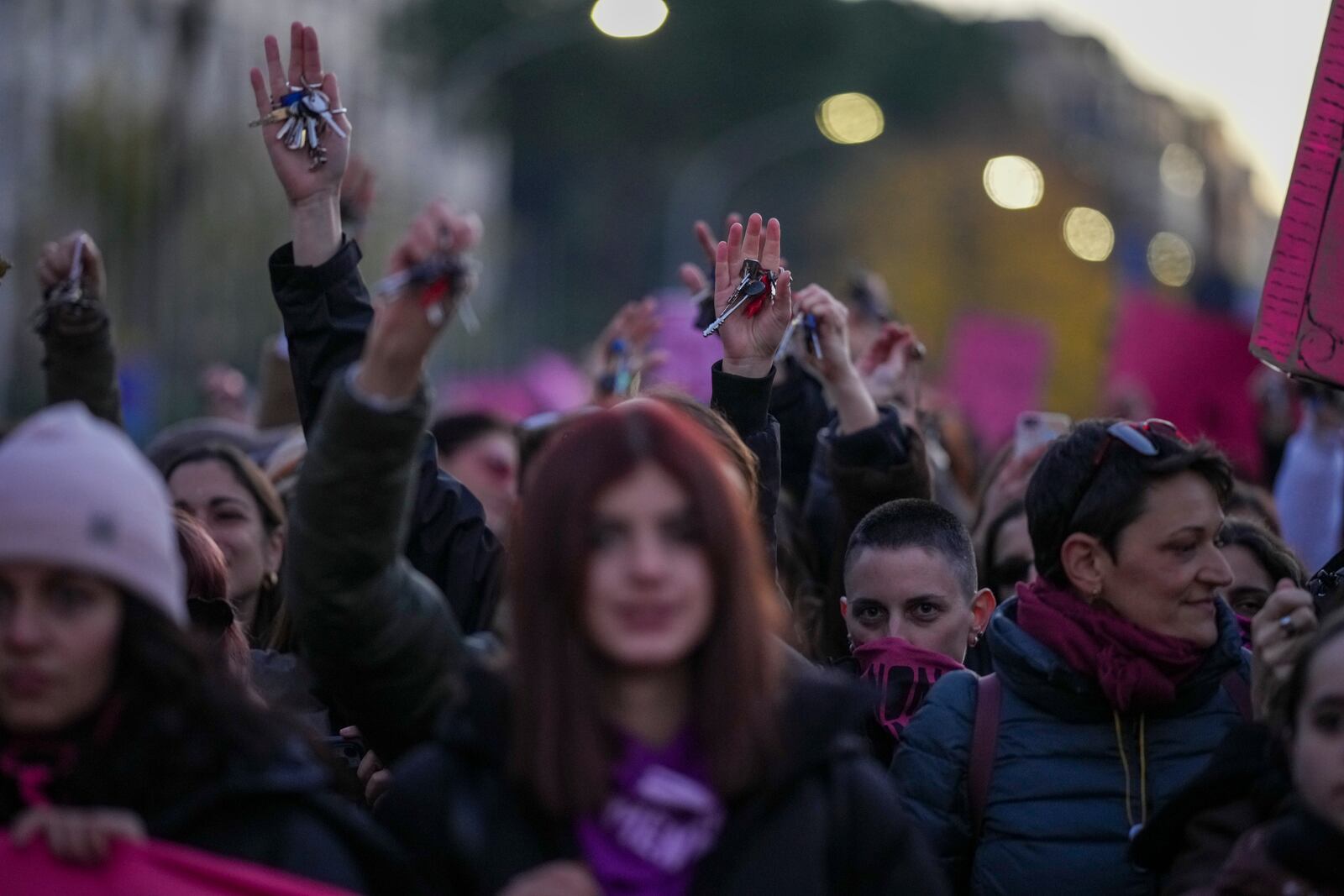 Demonstrators take part in a rally ahead of the International Day for the Elimination of Violence against Women which will be held on Nov. 25, in Rome, Saturday, Nov. 23, 2024. (AP Photo/Andrew Medichini)