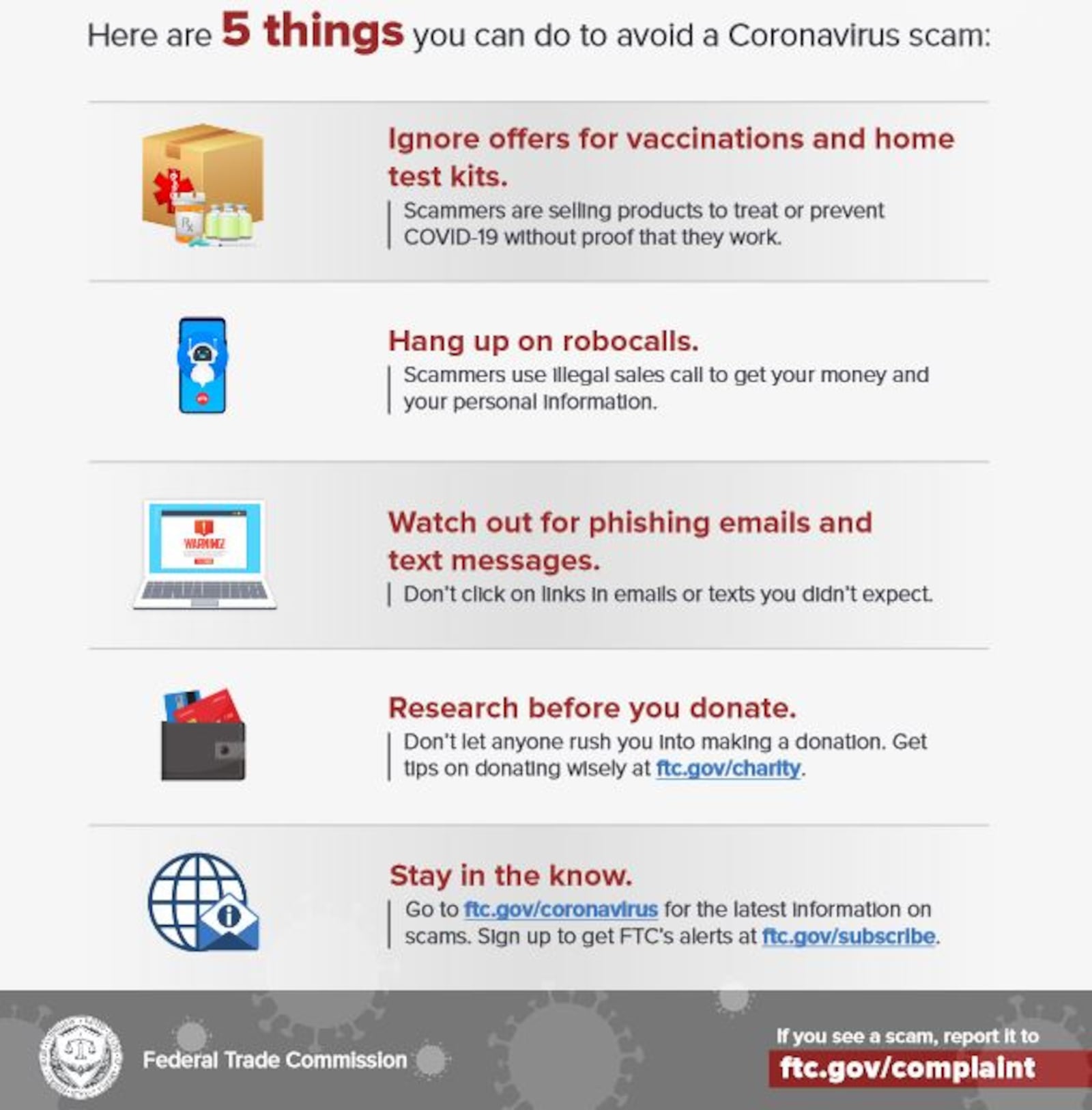 The Federal Trade Commission offers these 5 tips for avoiding coronavirus scams. CONTRIBUTED