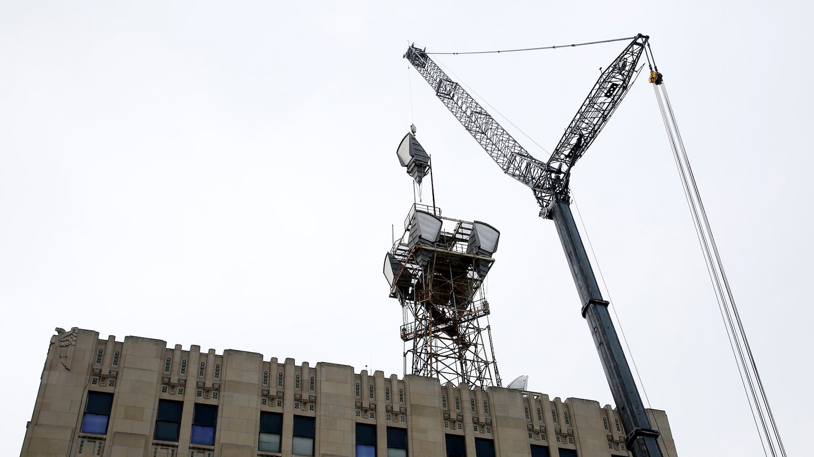 The Dayton skyline will be changing slightly this week.  The large telecom microwave transceivers located atop the AT&T building downtown Dayton are being dismantled and hauled away.  The 100 block of North Wilkinson Street has been closed to traffic between E. Second and E. First streets for the use of a crane to complete the work throughout the week.  Tons of aluminum from the antennae horns and structural steel will be salvaged from the work.  TY GREENLEES / STAFF