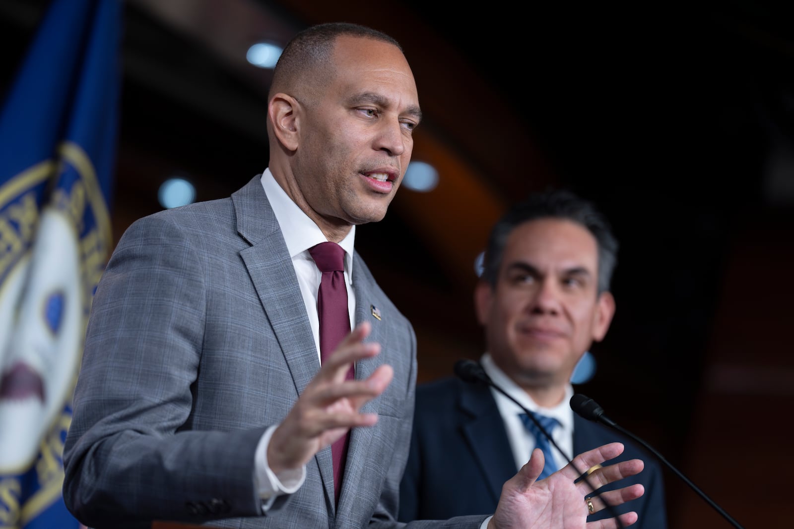 House Minority Leader Hakeem Jeffries, D-N.Y., and Rep. Pete Aguilar, D-Calif., the caucus chair, right, speak at a news conference after President-elect Donald Trump abruptly rejected a bipartisan plan to prevent a Christmastime government shutdown, at the Capitol in Washington, Thursday, Dec. 19, 2024. (AP Photo/J. Scott Applewhite)